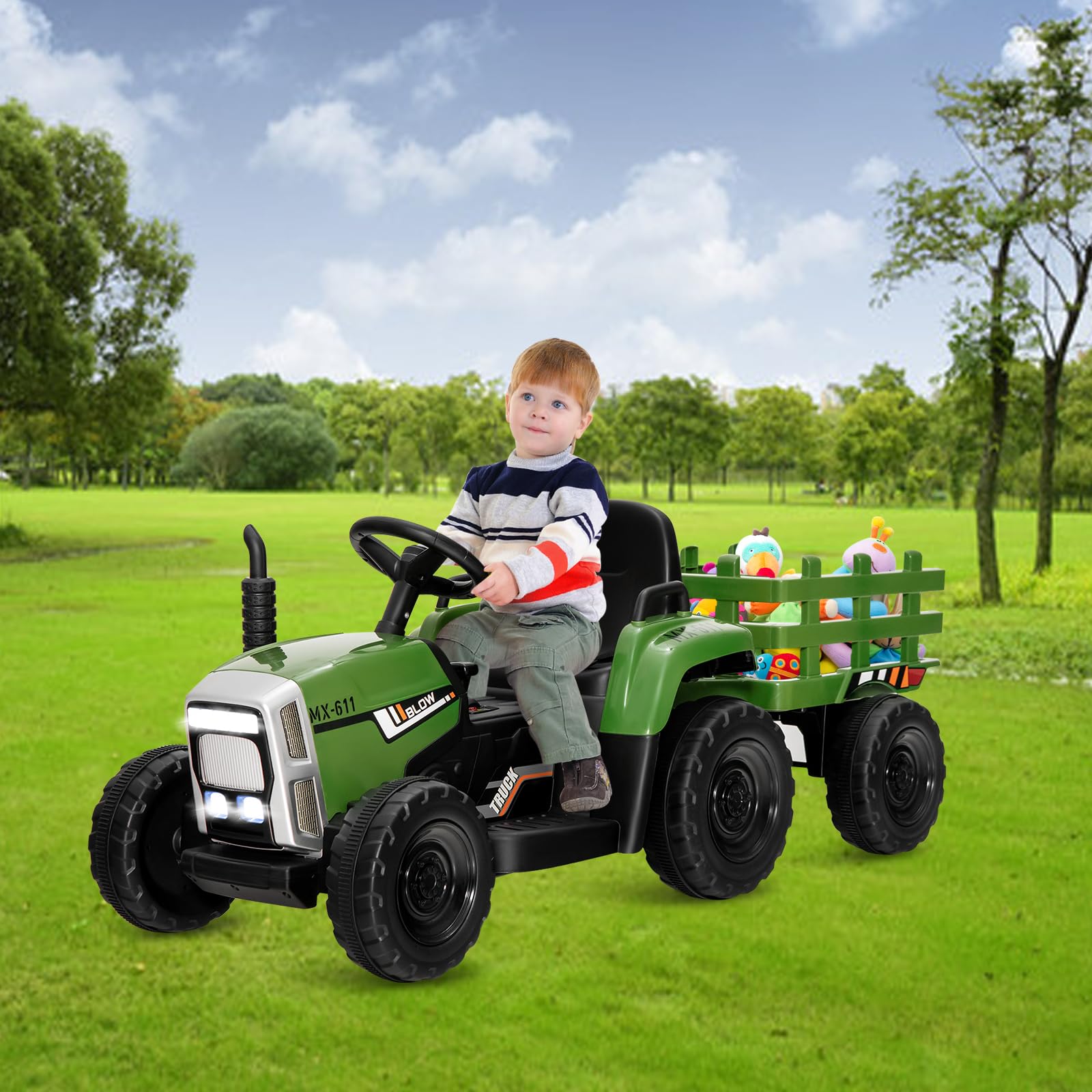SOARS Spielzeugtraktor, Akku, 12 V, mit Fernbedienung, 2,4 G, 3 Geschwindigkeiten, Traktor mit elektrischem Anhänger mit Hupe/MP3/Bluetooth/USB/LED, Elektrotraktor für Kinder ab 3 Jahren