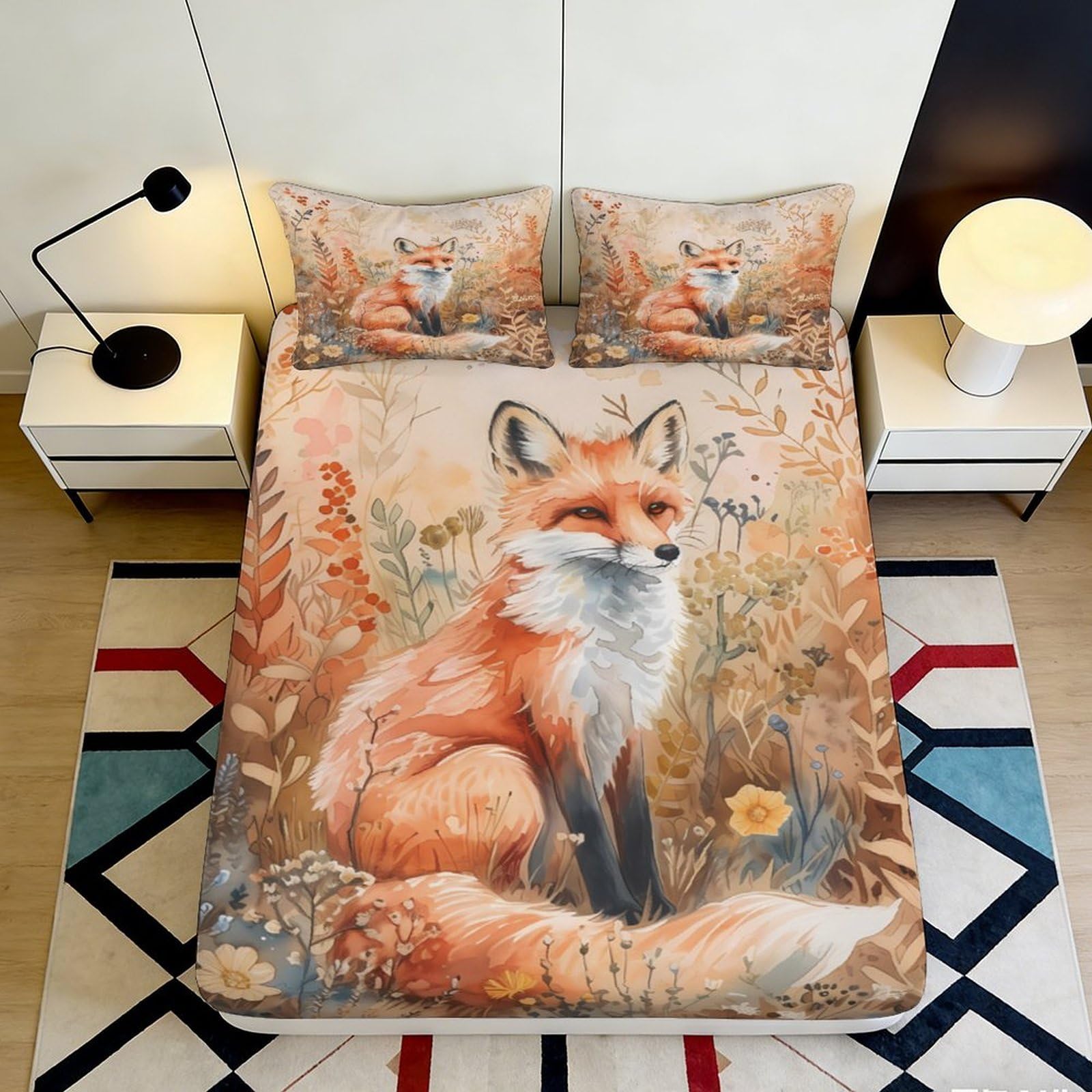 3D Printed Fox Forest Fitted Sheet Microfiber Soft Autumn Woodland Bed Cover for Bedroom Guest Room Decor 90x200x25cm