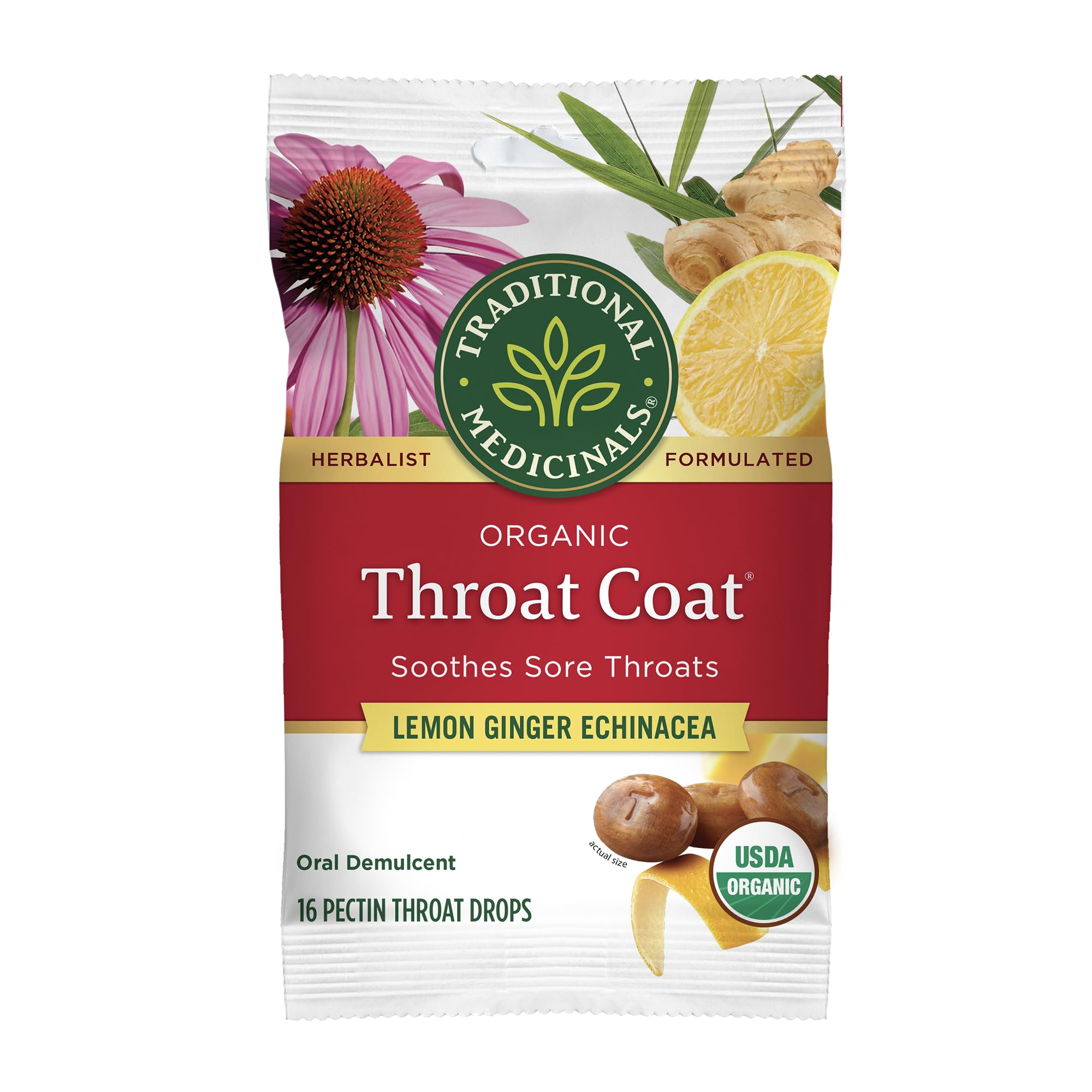 Traditional Medicinals Organic, Throat Coat Lozenges, Lemon Ginger Echinacea - Herbal Cough Drops, Helps Soothe Sore Throat - Kosher, Stimulant-Free - 16 Count