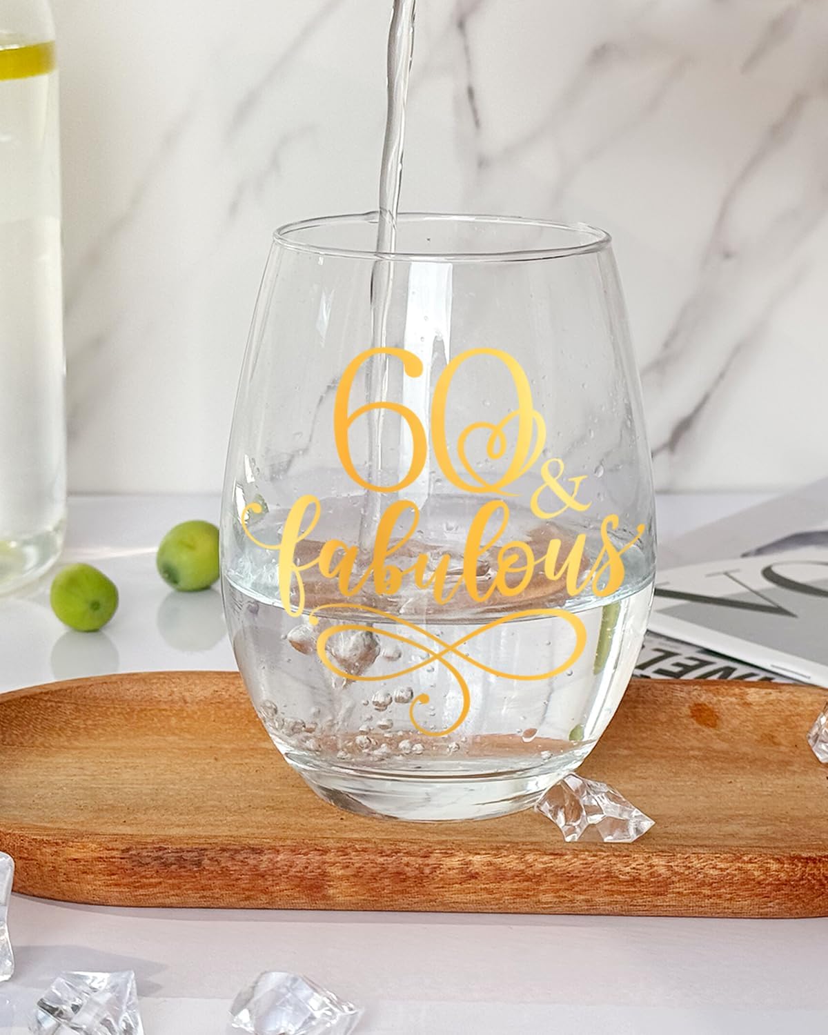 Novelty Golden 60th Birthday Gifts for Women,Mom,Wife,Friends,Sister,60 and Fabulous Stemless Wine Glass,Happy Birthday Party Favor Supplies,60 Year Old Gift from Daughter Son - Image 3
