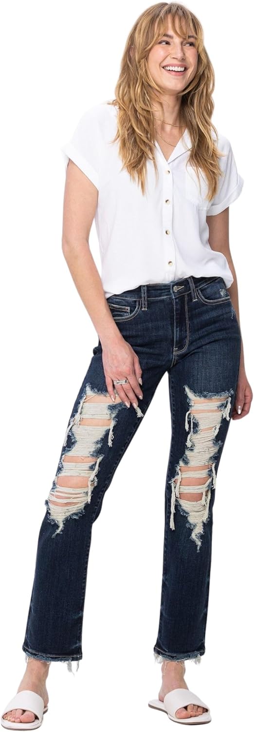 Judy Blue Women's Mid-Rise Heavy Destroy Straight Leg Jeans - Image 5