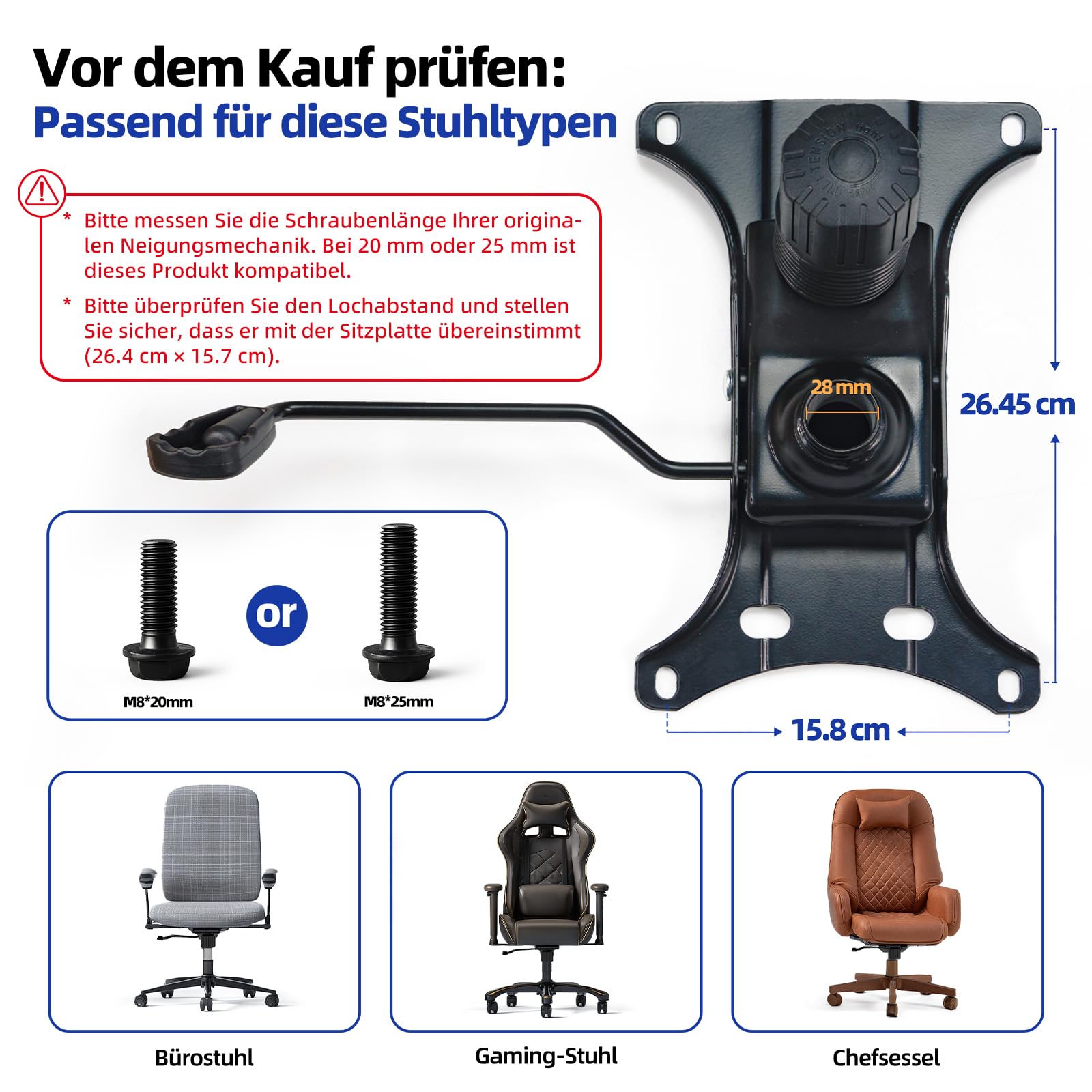 Sytopia Mécanisme de siège en métal pour chaise de bureau, plaque de base de 500 lbs avec trous de 15,2 x 25,4 cm, fonction bascule et réglage de la hauteur, remplacement universel Tilt & Lock pour
