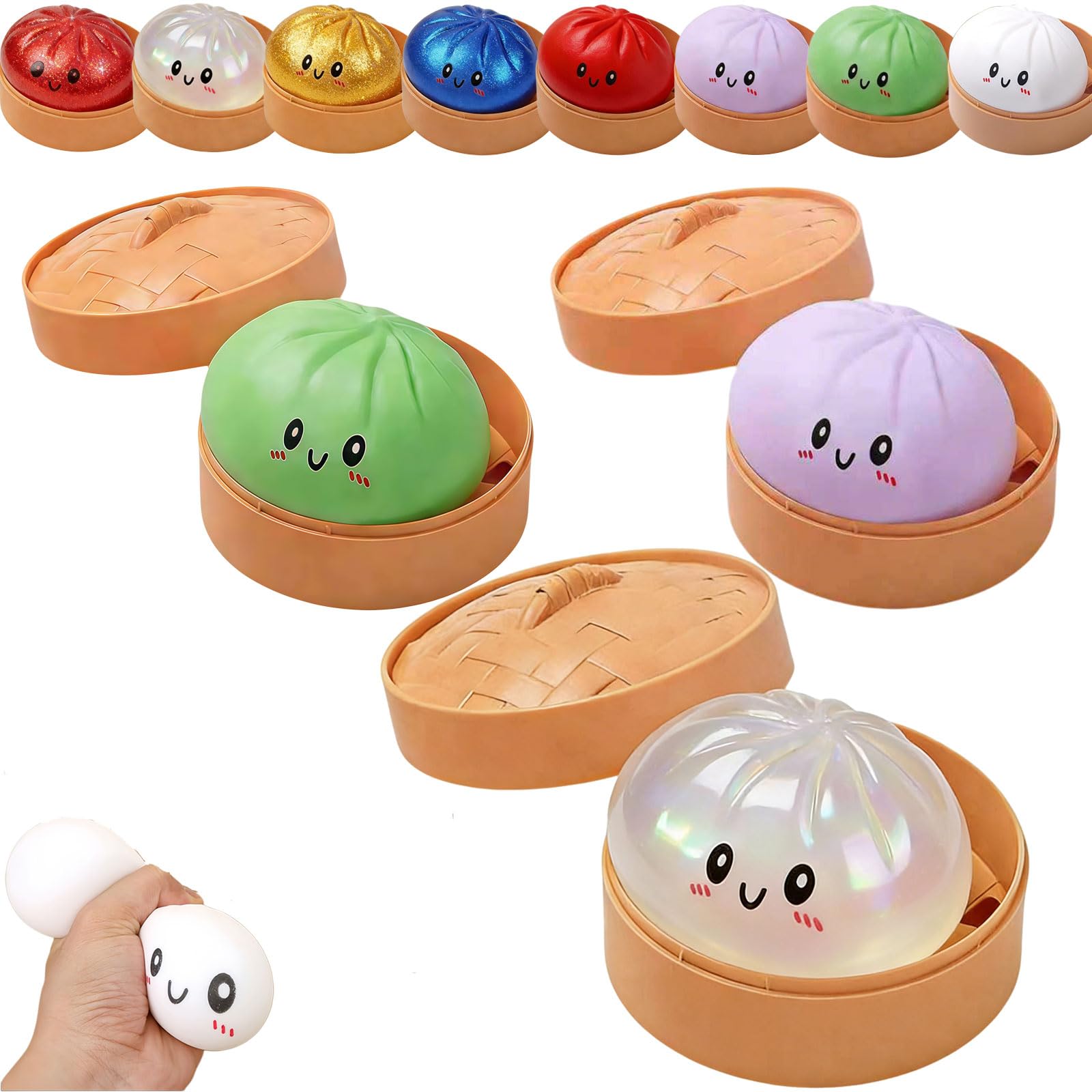 Dumpling Squishy, Squishy Dumpling Toy, Glitter Dumplings Squishiest Toy with Steamer Box, Stress & Anxiety Relief Toys for Kids & Adults Non-Edible (White) — view 13