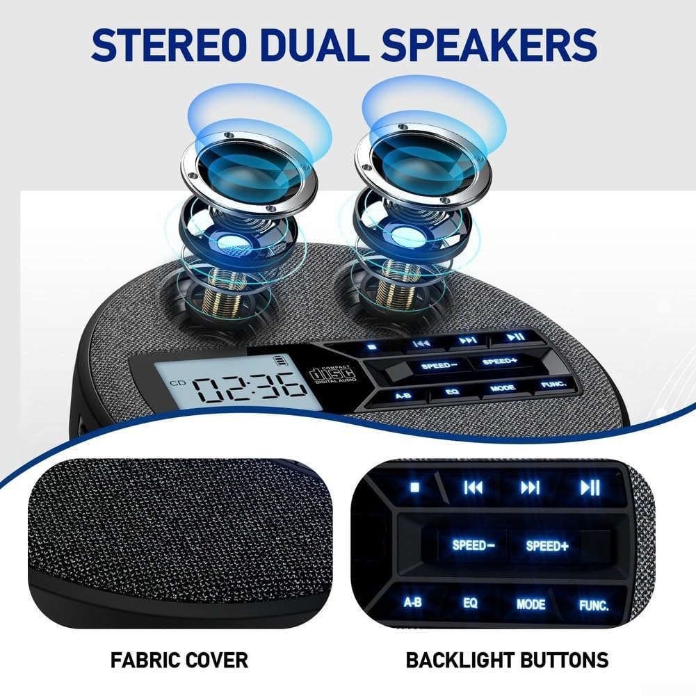 Lettore portatile, doppio altoparlante, riproduzione MP3, uscita USB AUX, ricaricabile, personal compact music disc per walkman (grigio chiaro)