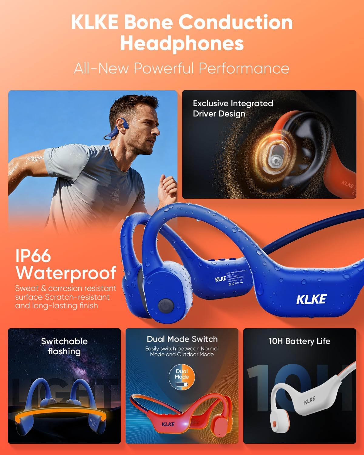 Open-Ear Bone Conduction Headphones, IP66 Waterproof, Integrated Transducer Running Headphones with Dual Mode, Rear Safety Light, 10H Battery,Advanced Mic for Cycling, Hiking & Outdoor Sports