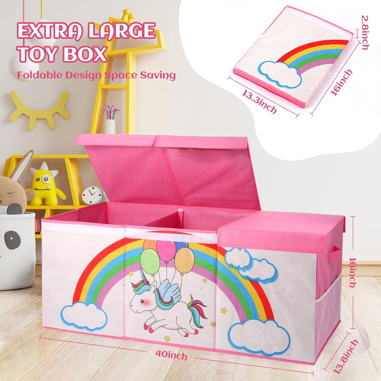 Extra Large Toy Box, Collapsible Storage Organizer with Lids, Sturdy Unicorn Toy Chest for Boys Girls, 40"x14"x16" Kids Storage Bin Box Baskets for Living Room, Playroom, Bedroom, Nursery