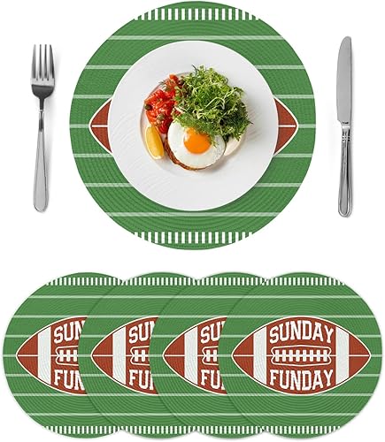 Miniatura 2 de Juego de 4 manteles individuales redondos, manteles individuales deportivos de fútbol, lavables, tejidos, con rayas verdes, trenzados, resistentes