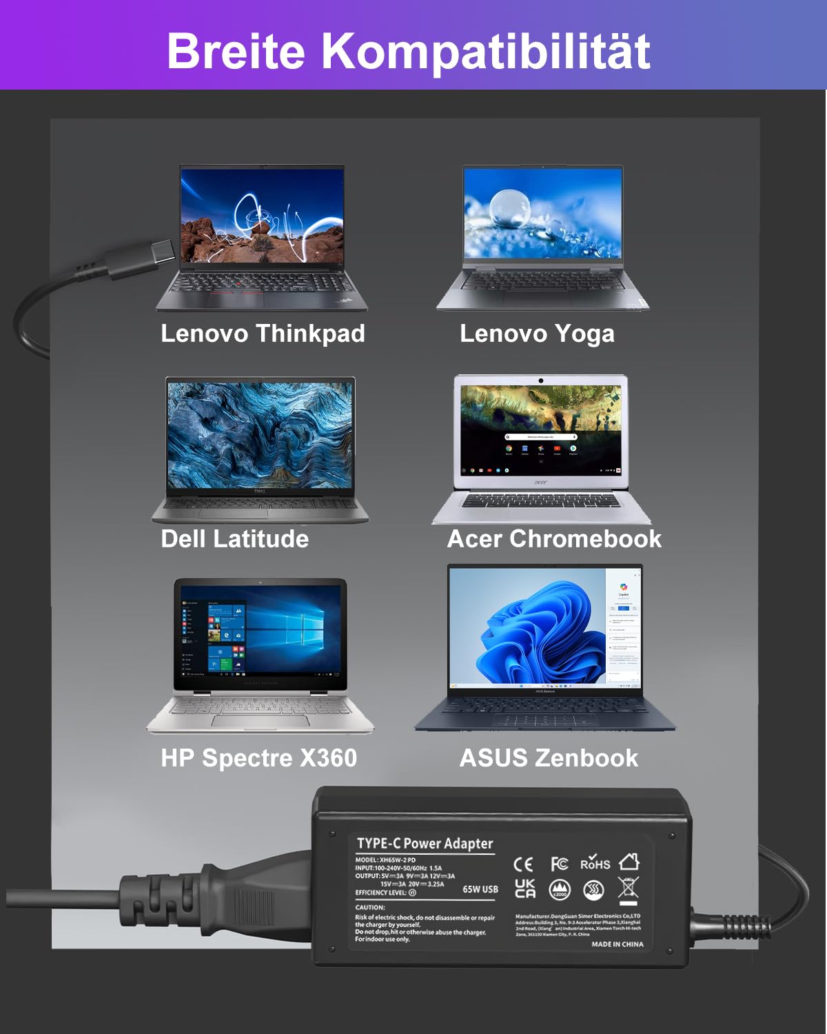 65W kabel ładujący USB C do laptopów Lenovo ThinkPad (T14/X1 Carbon), HP Spectr/EliteBook, Dell Latitude, Acer, Asus, Huawei, Samsung, Surface, MacBook, LG, Chromebook 45W ładowarka Type C