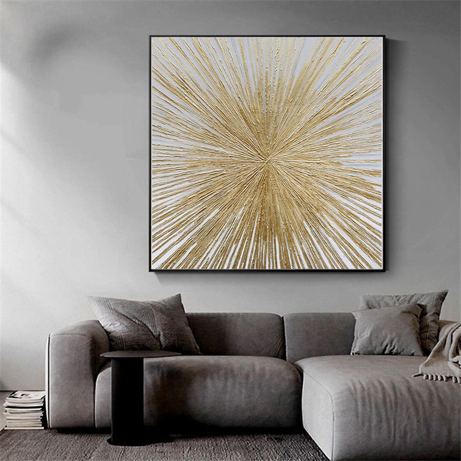 Jianghu Art Leinwanddruck konkav strukturiertes Ölgemälde auf Leinwand Goldlinien Wandkunst abstrakte brillante goldene Sonne Bürobild 70x70cm (28x28in) mit Rahmen