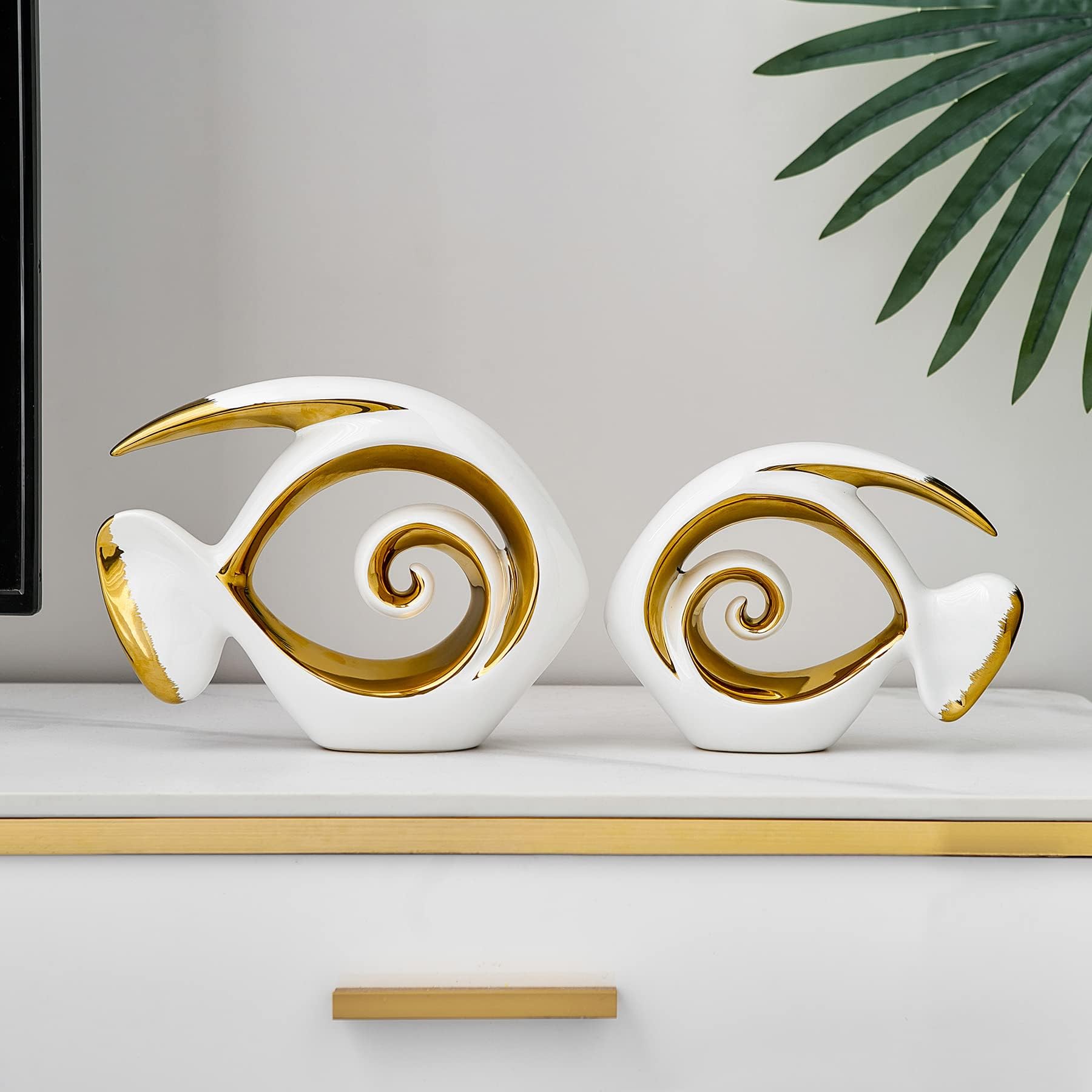 2 Pcs Fish Sculpture White Gold Ceramic Statue for Modern Home Decor, Abstract Animal Collectible Figurines for Living Room Shelf Accents Mantel Kitchen Table Centerpiece Office Bookshelf Decorations