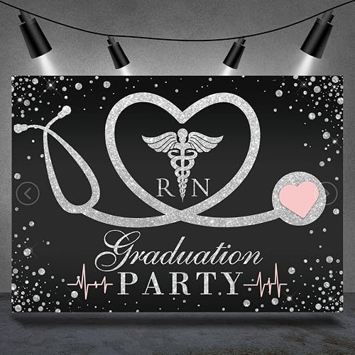Nurse Graduation Backdrop Congrats Nurse Grad Background Nursing School Black and Silver Stethoscope Heartbeat Curve College Senior RN Medical School 2024 Party Decor Banner Photo Props 7x5ft