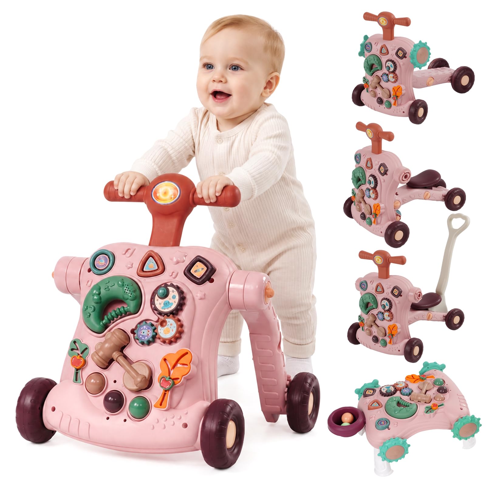6 in 1 Baby Walker, Sit-to-Stand Learning Push Along Walker, Toddler Push Walker Toy with Early Education Activity Center & Game Table, Multifunctional Walking Helper for Boys Girls, Pink