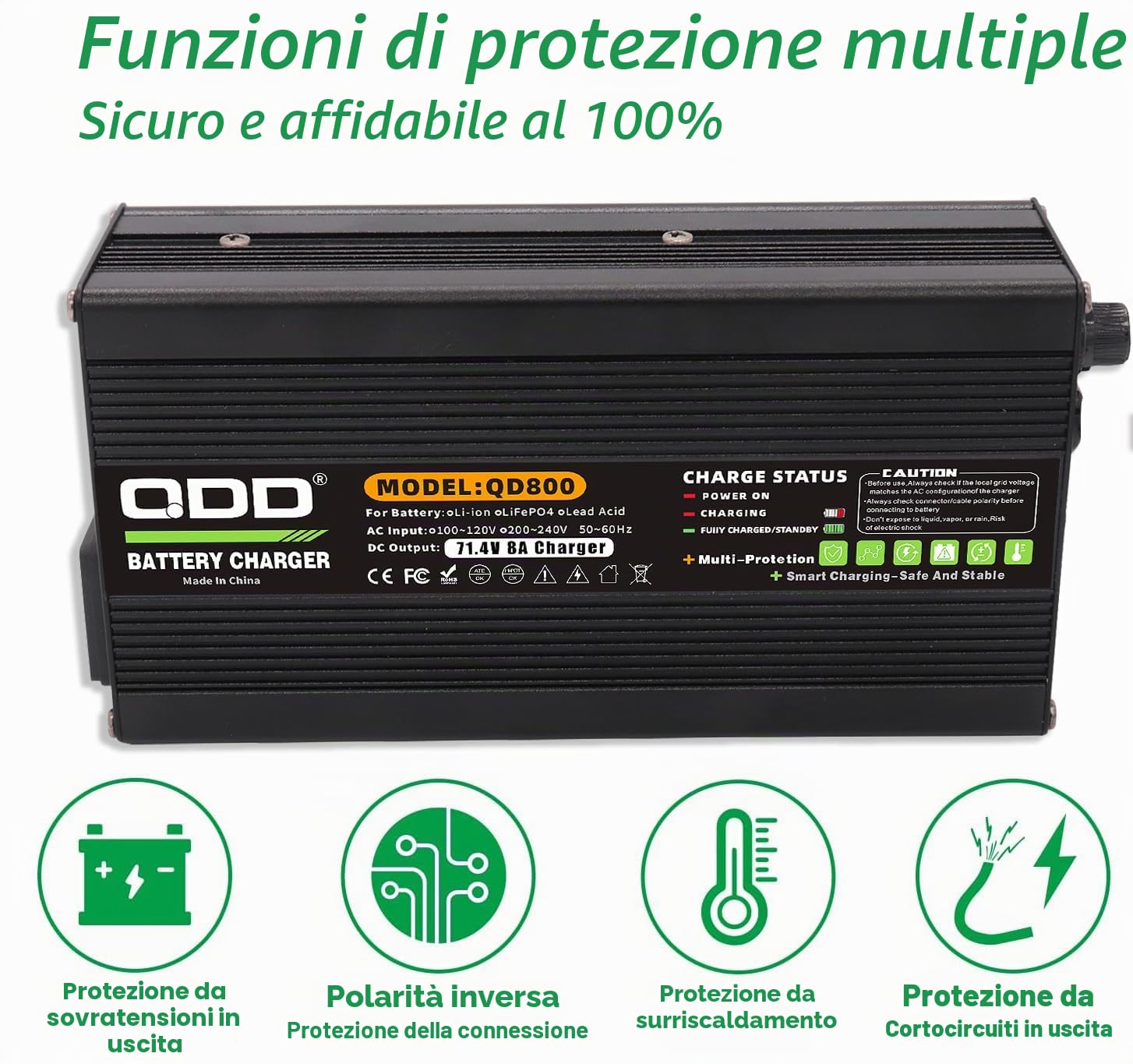 QDD 71,4 V 8 A Caricabatterie 60 V Li-ion Caricabatteria Cassa in alluminio nero Uscita DC C13 N+Connettore L Viene utilizzato per batteria al litio da 17S 60 V