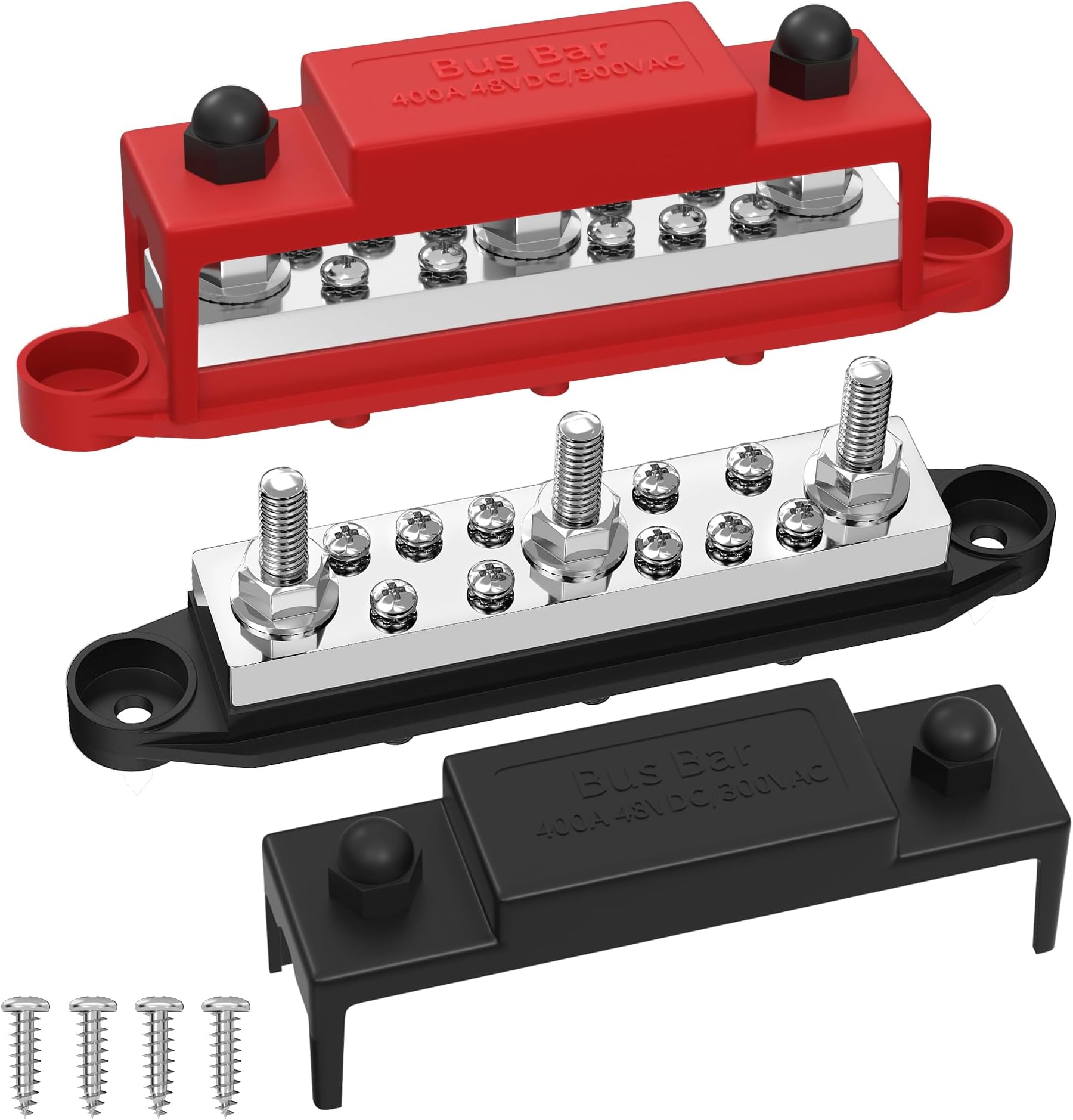 Joinfworld Power Distribution Block 400A Bus Bar 12V-48V with 3 x 5/16"(M8) Studs Marine Bus Bar Terminal Block 12 Volt DC Battery Busbar with Cover - Negative&Positive