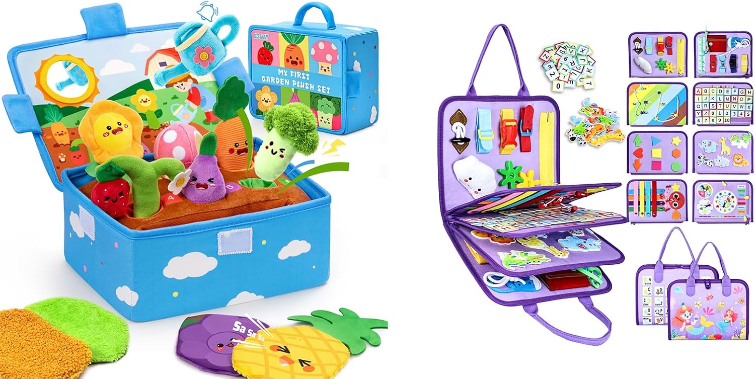 Esjay Montessori Sensory Garden Plush Set and Busy Board, Developmental Learning Toys with Rattle Squeaker Mirror Texture Tissue, Purple Merpeople