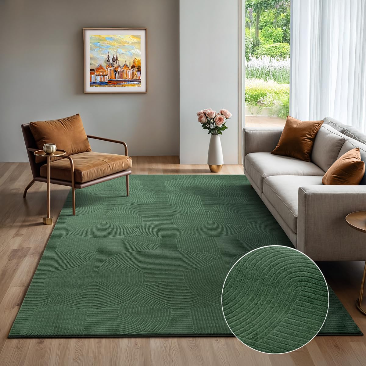 the carpet Rio Modern Short Pile Rug, Soft and Easy-Care Non-Slip Rug with 3D Look, Durable, for Living Room and Bedroom, Green, 140 x 200 cm