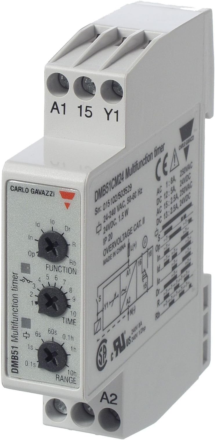 CARLO GAVAZZI DMB51CM24 Mini Multi Function Timer, Slim 17.5 mm Width, Seven Timing Functions, Adjustable Timer Setting, 0.1 Seconds to 100 Hours with Six Sub- Ranges, 24-240 VAC/DC, SPDT 5 amp Contact Output, Diagnostic LEDs, 2.6 oz. Size, 24 mm Height x 99 mm Width x 73 mm Diameter