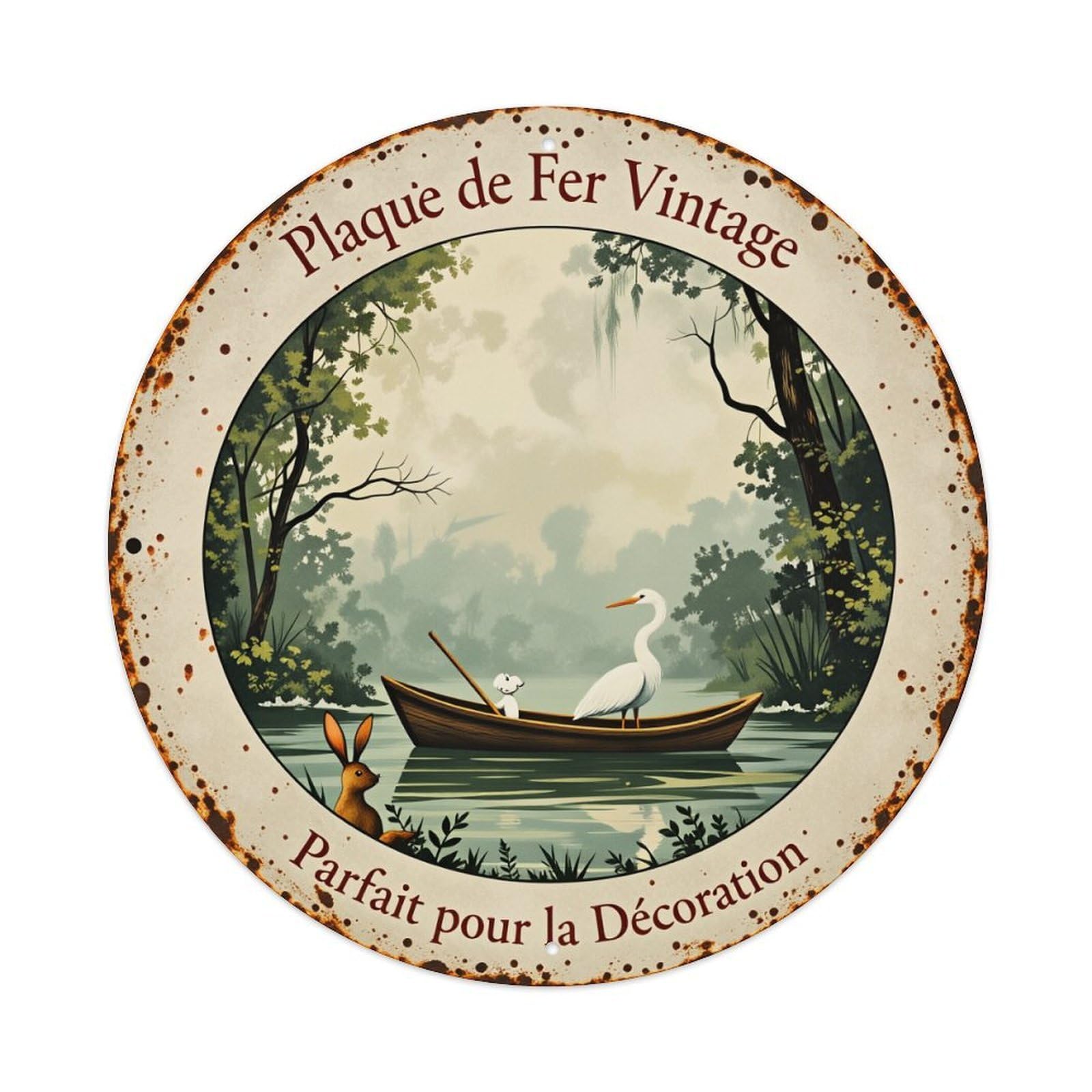 Forest Lake Boat Bird Rabbit Round Tin Sign Vintage Style Metal Sign Home Bar Garden Wall Plaque Decor Metal Poster 8x8 Inch