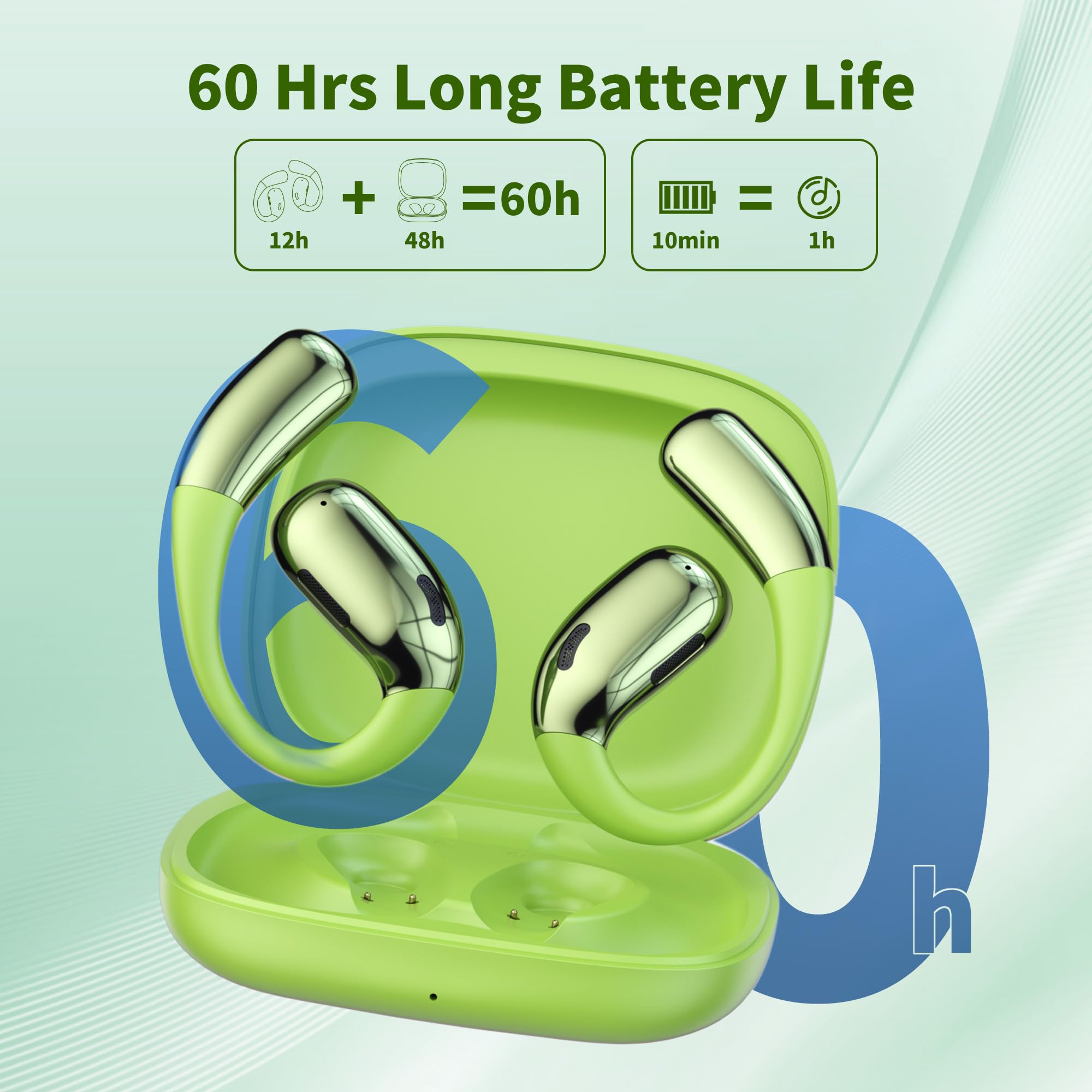 Cuffie Bluetooth, Auricolari Bluetooth 5.3 Stereo HiFi con 4 ENC Mic, 60 Ore di Durata, Cuffiette Bluetooth Cancellazione Rumore,Touch Control, IPX7 Impermeabili Cuffie Wireless (Green)