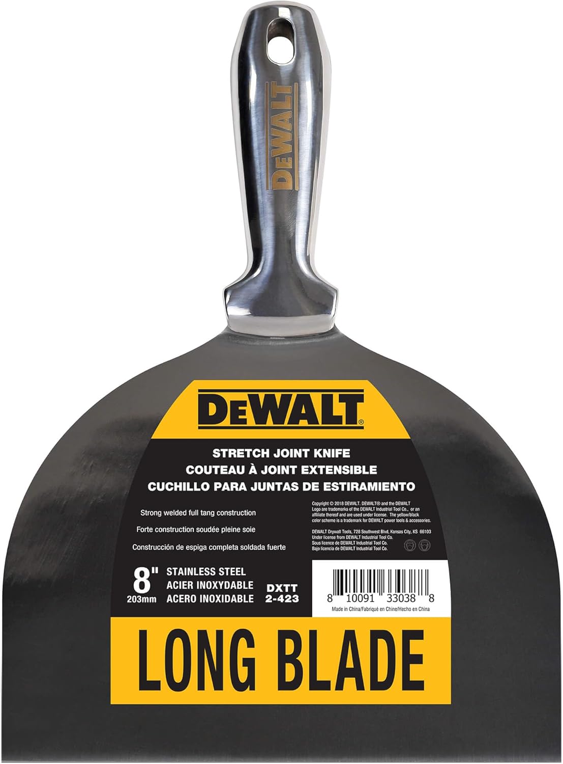DEWALT 8" One-Piece Stainless Steel Stretch Joint Knife | Professional Grade, Precision Ground Edge, Ergonomic & Corrosion Resistant | 2-423
