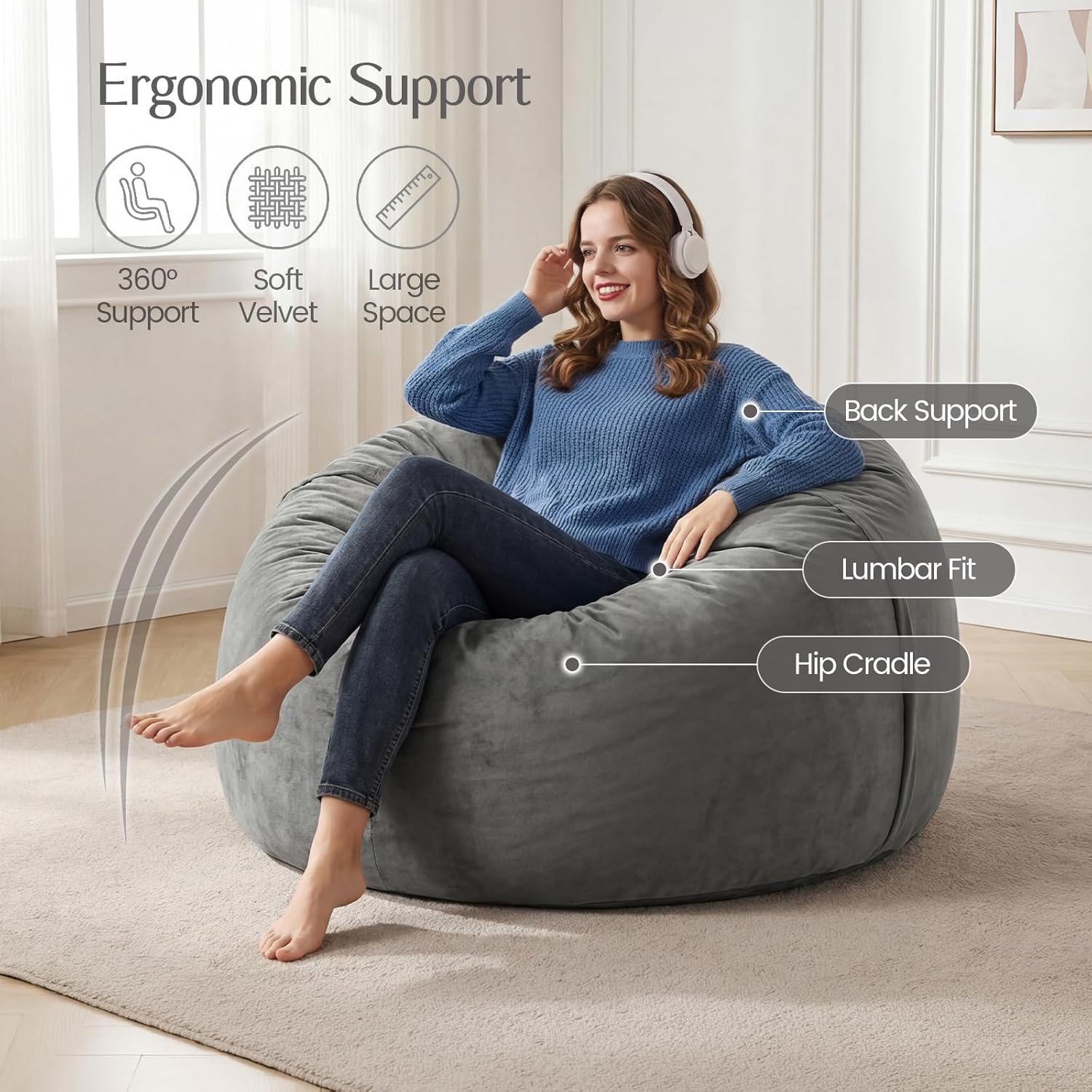 3FT Bean Bag Chair for Teens-with Memory Foam Filling, Bean Bags with Ultra Soft Washable Velvet Cover, BeanBag Sofa for Living Room, Bedroom and Gaming Room -3FT, Grey