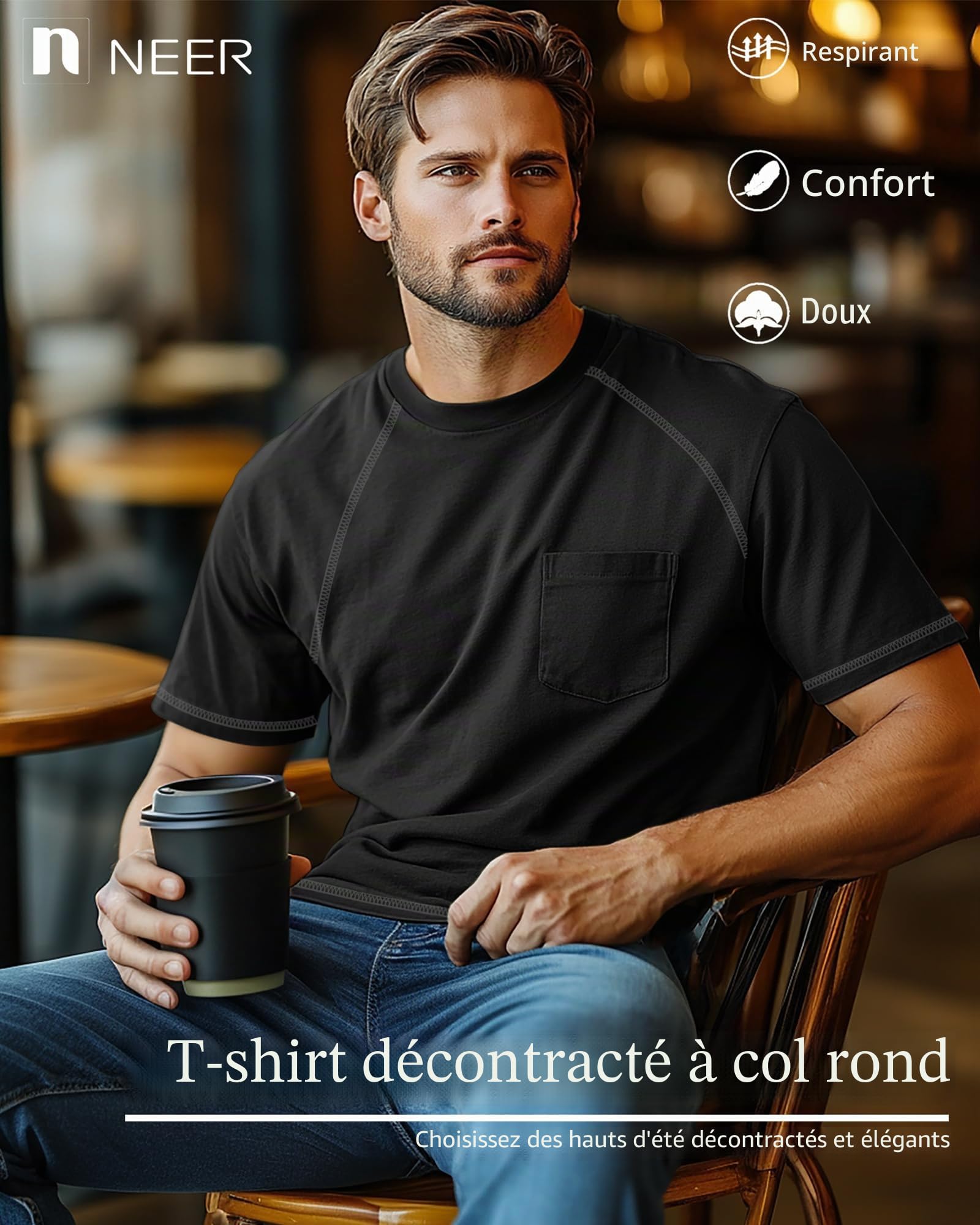 Neer 3 T-Shirts Homme Grandes Tailles avec Poche