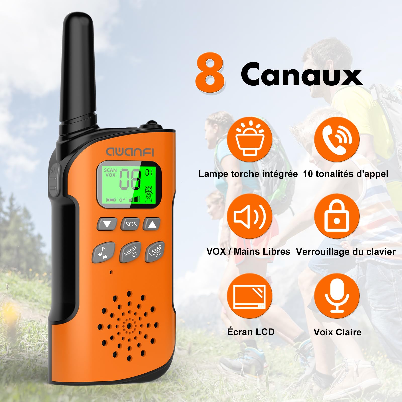 Talkie Walkie Enfants Adultes Rechargeable 3 Pièces, Talkie-Walkie Longue Portée Lampe Torche 8 Canaux, Walkie Talkie USB Type C pour Camping, Randonneé, Vélo, Cadeau Jouet pour Fille et Garçon