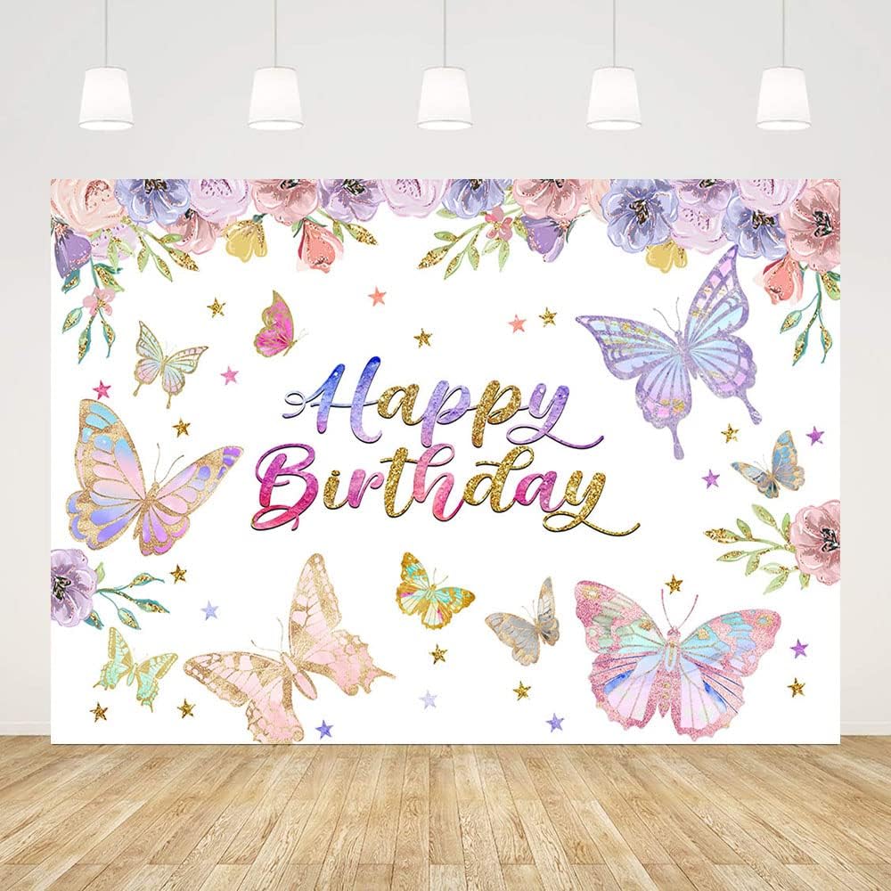 Amazon.com : Let's Partea Backdrop Spring Pink Floral Butterfly Glitter ...