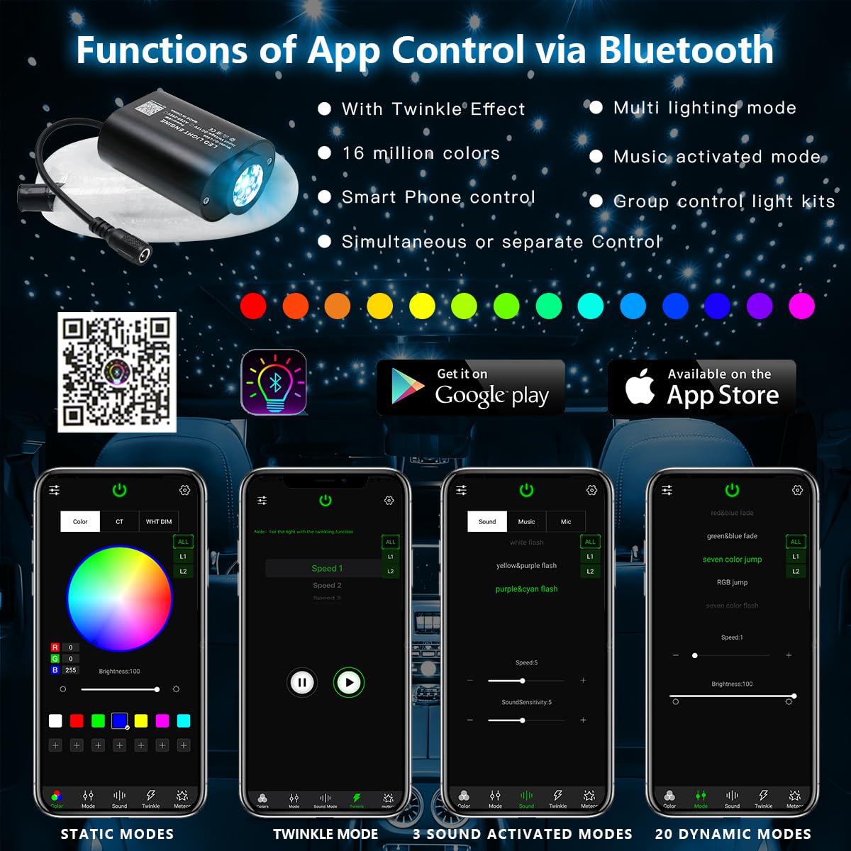 AKEPO Mini Size 6W Twinkle RGBW APP Fiber Optic Lights, Music Activated 150pcs 0.03in 6.5ft/2m Optical Fiber Star Ceiling Light Kit for Car Truck Headliner Star/Home