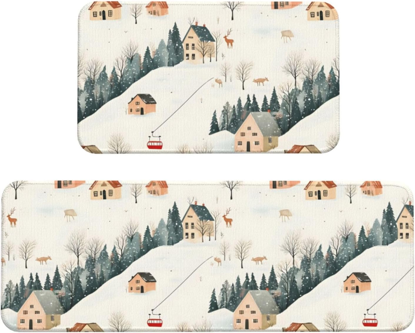 Winter Cable Car Elk Print Kitchen Rugs Sets of 2 Non Slip Washable, Anti Fatigue Kitchen Mats for Floor, Home Decor