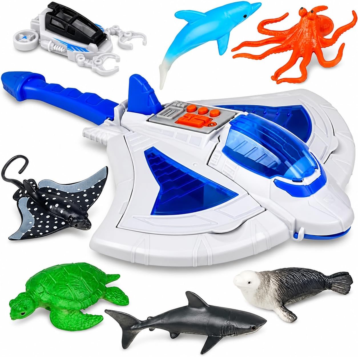 ArtCreativity Sting Ray Transporter Set, Includes 1 Stingray Toy with Sounds and 7 Sea Creatures, Interactive Ocean Toys for Kids, Sea Animal Toys for Kids and Underwater Party Supplies