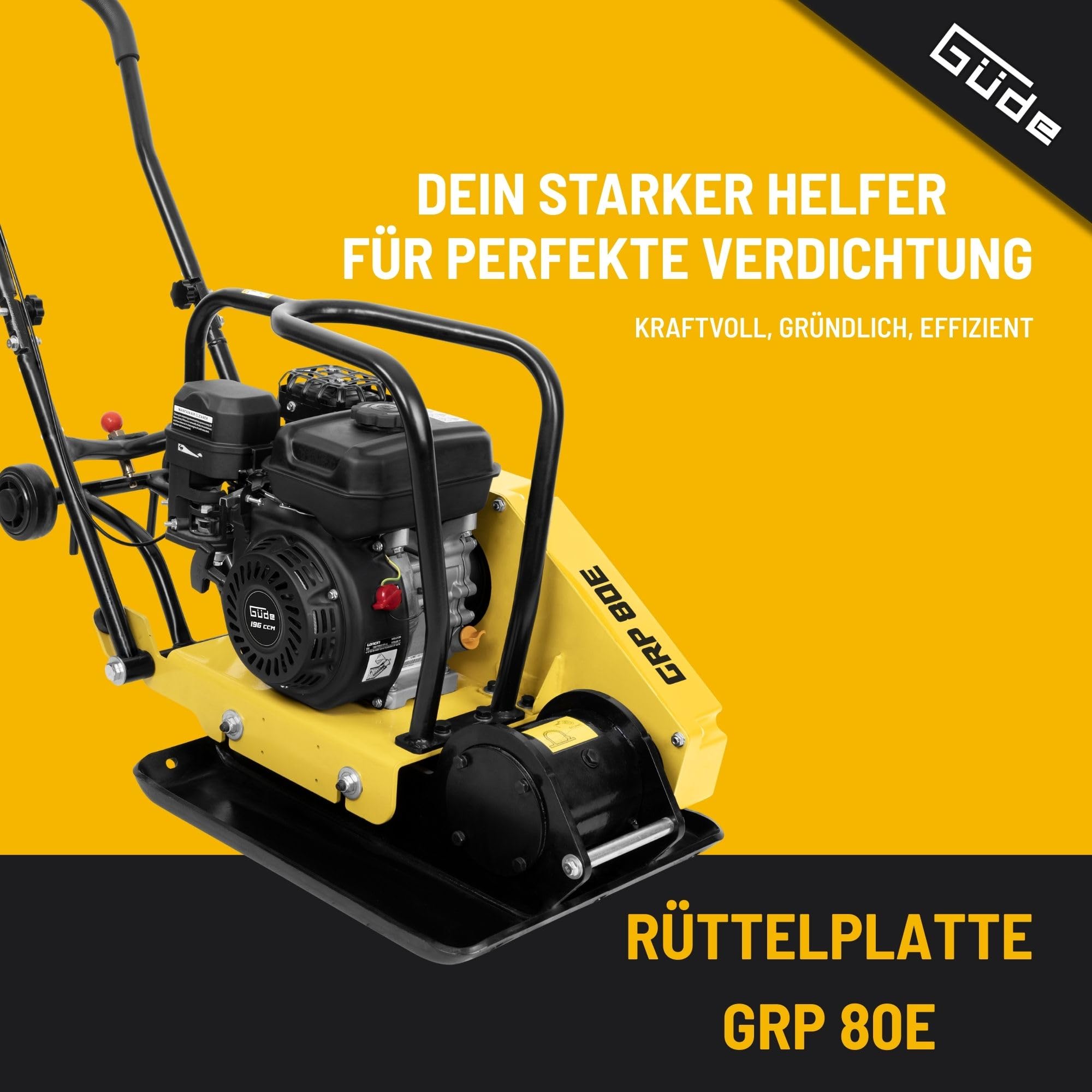 Güde GRP 80E Rüttelplatte - 4-Takt-Motor, 196 Kubikzentimeter Hubraum, 4,1 Kilowatt, 5,5 PS, 42 x 52 Zentimeter Arbeitsplatte, 14 kN Verdichtungsdruck, 20 m/min Vorlauf, Polyurethanmatte, Fahrwerk