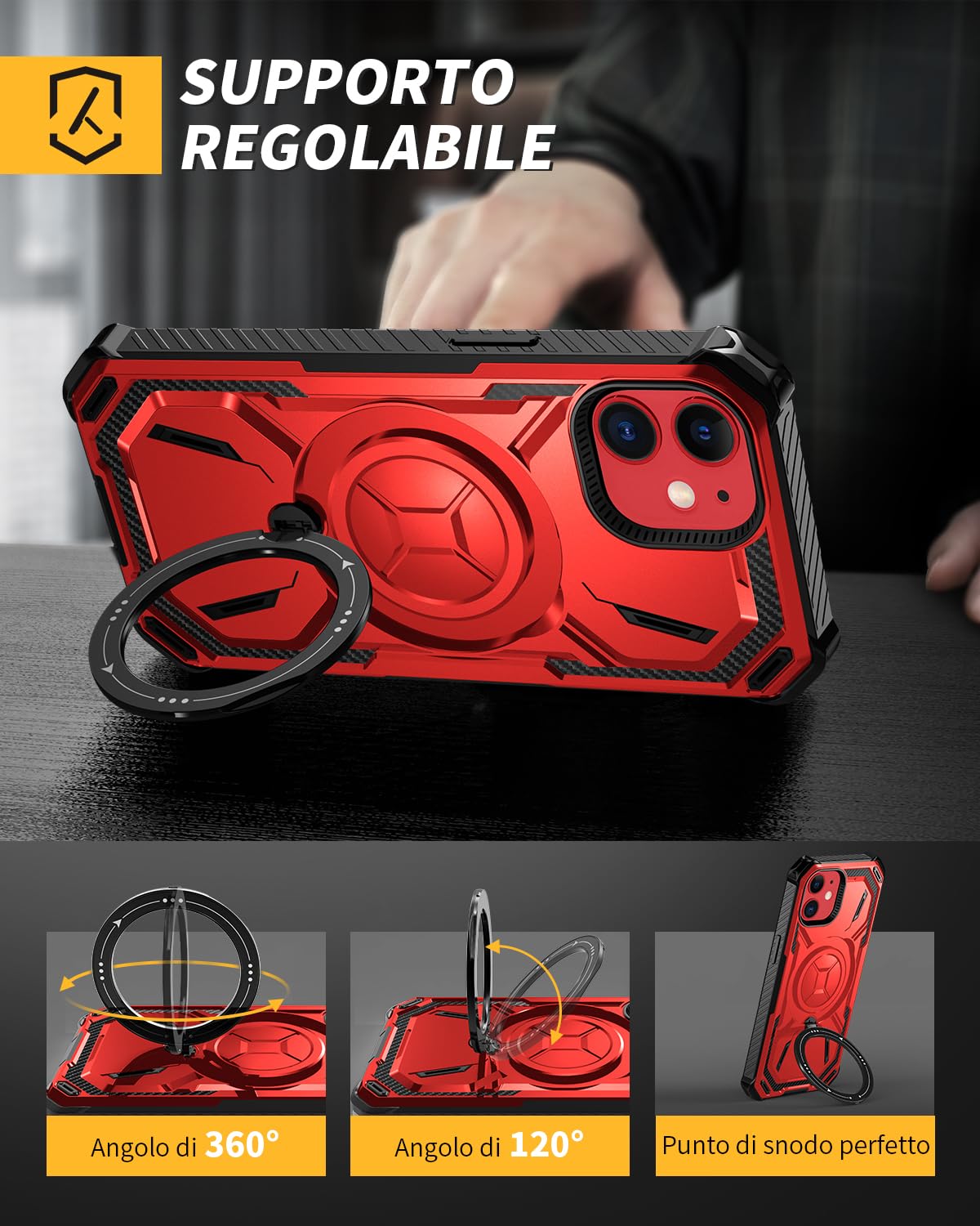 Lanhiem Cover per iPhone 11 con 2 Pezzi Vetro Temperato, 16FT Antiurto Anticaduta Militare,Supporto Magnetico Anello a 360° Protezione Armor Protezione, Custodia per iPhone 11, Rosso