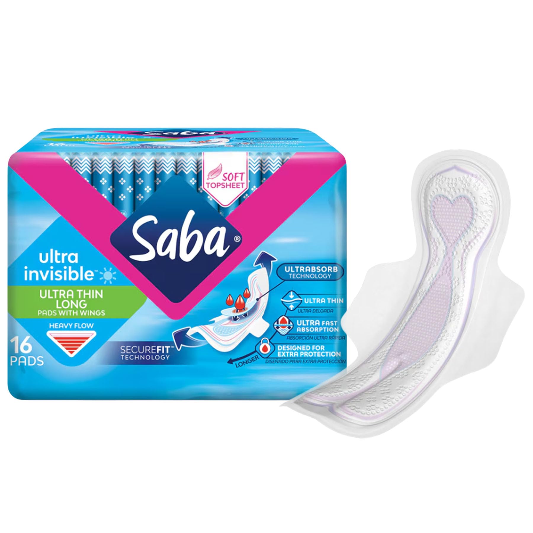 SABA Ultra Invisible - Almohadillas largas ultrafinas con alas, flujo regular, 16 unidades (paquete de 3)