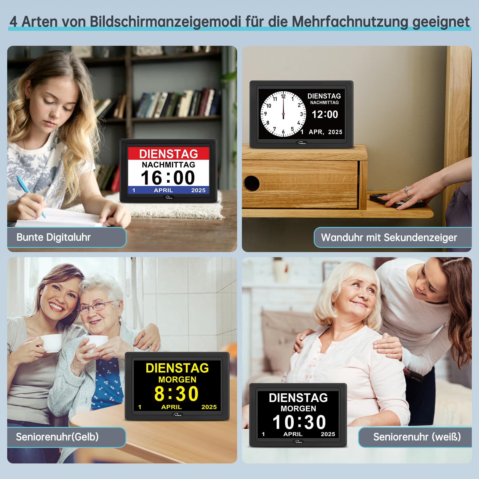WallarGe Digitaler Demenz Uhr Großes Display für Senioren, Plug in elektrische Datum Tag der Woche Kalender Uhr 20 Erinnerungen 3 Klingeltöne 10 Stufen Lautstärke, Auto DST (7 Zoll,Schwarz)