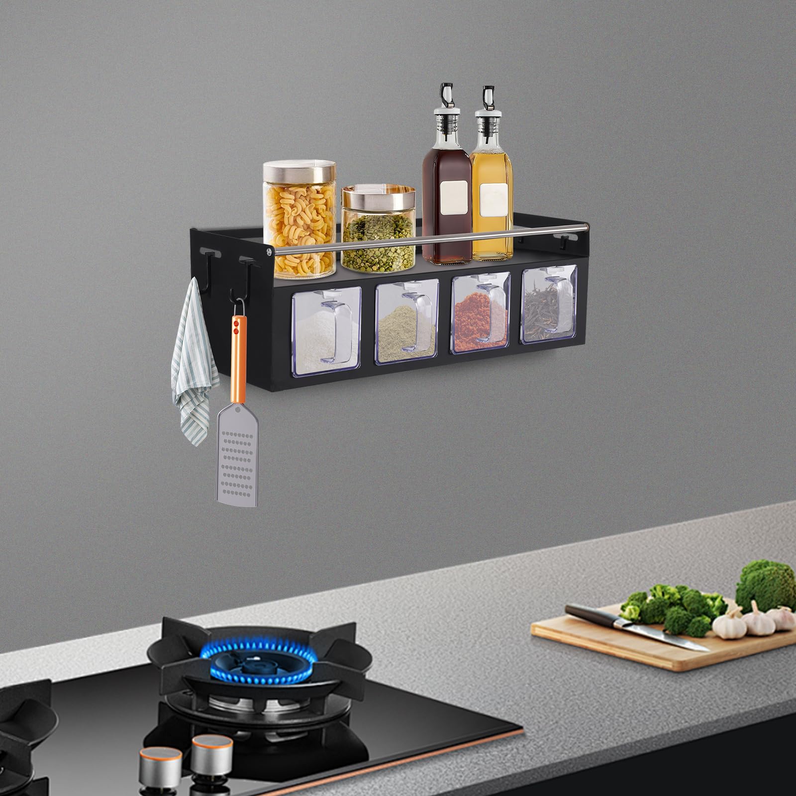 Scaffale portaspezie da parete, 39,5 x 13,5 x 13 cm, con 4 ganci, porta utensili da cucina, per cucina e bagno (nero)
