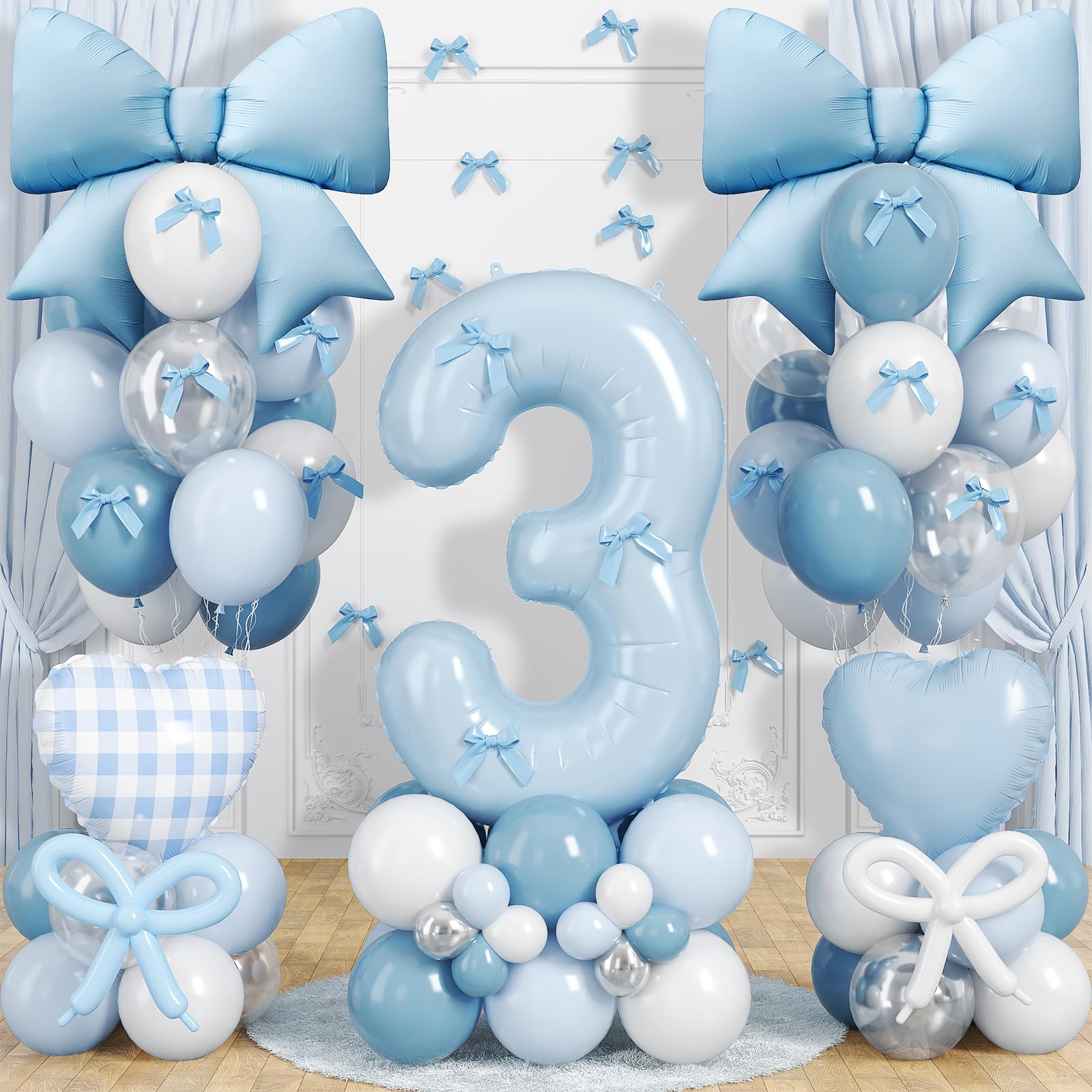 3rd Birthday Decorations for Girl, Coquette Blue Bow Birthday Decorations