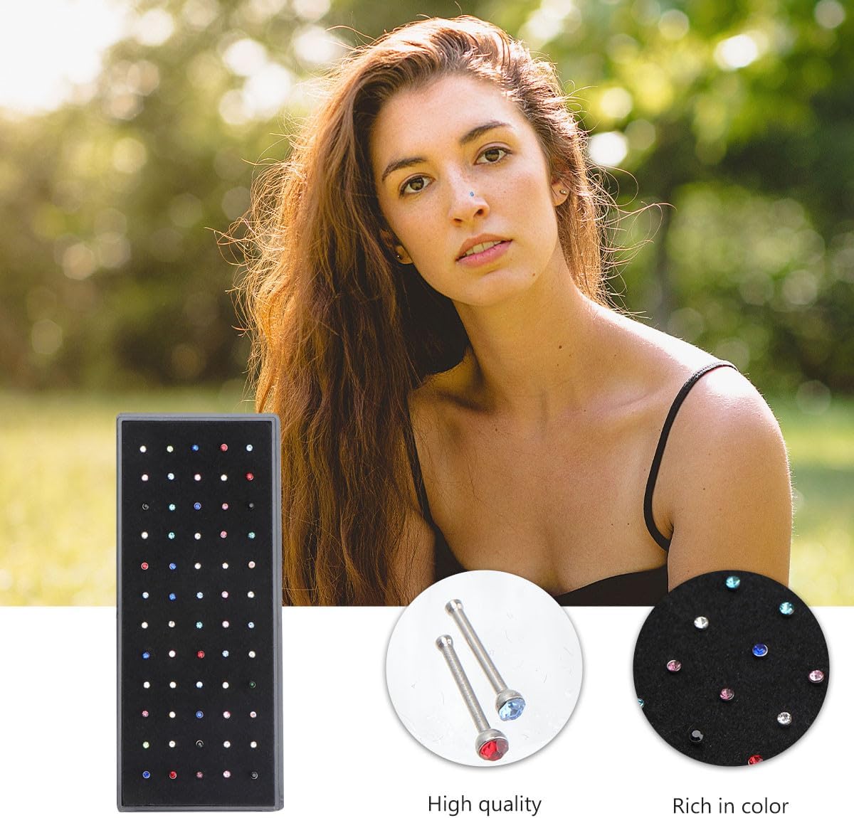 SUPVOX 1 Box Stainless Steel Nose Piercing Studs with Colorful Rhinestones Unisex Hypoallergenic Body Jewelry for Men and Women Anti-rust Crystal Inlaid Nose Rings for Home Store Use