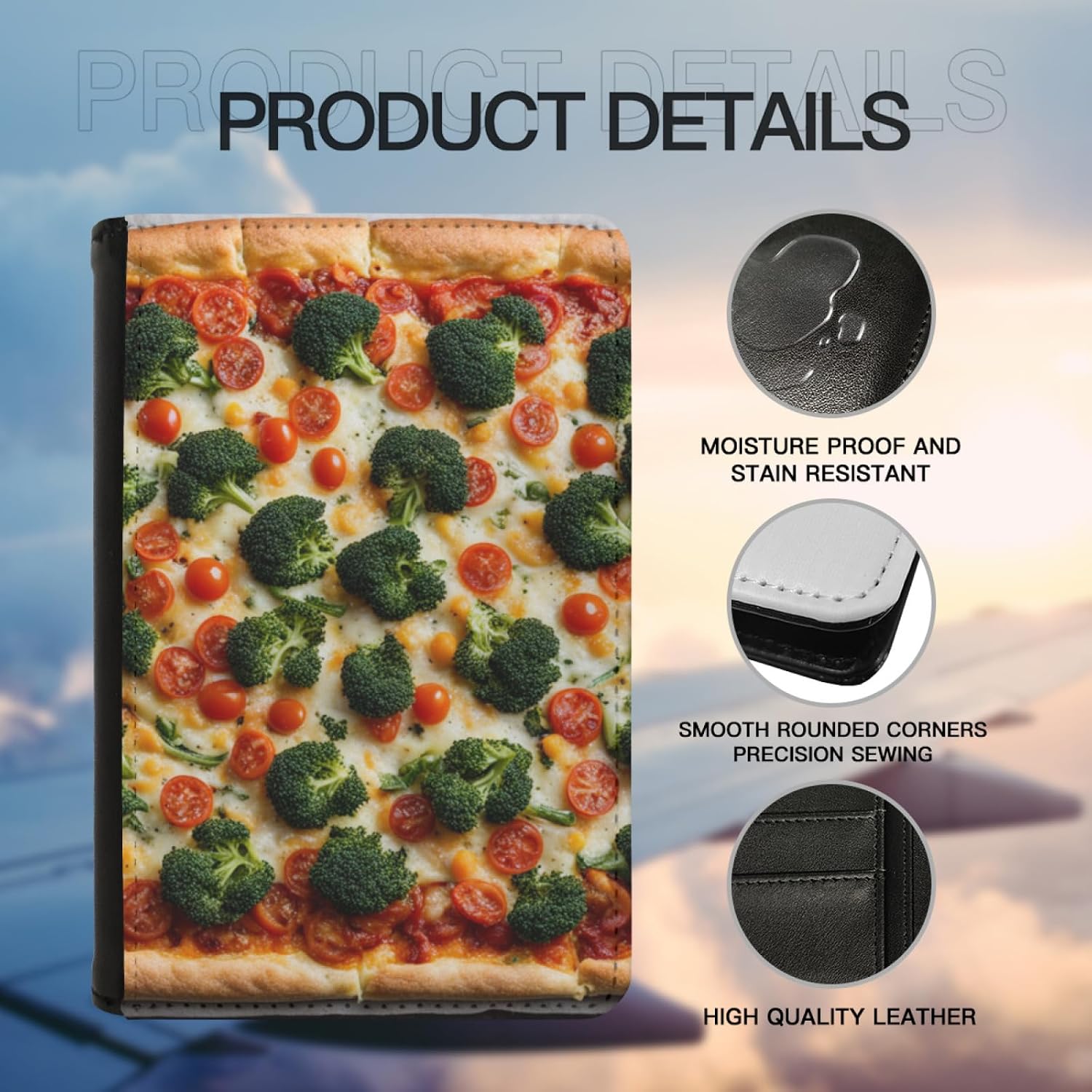 Art and Beyond Leatherette Passport Wallet with Card Storage Pockets Novelty Funny Pizza Cover Sicilian Pizza Pie Foodie with Broccoli Veggies Design Fun Design Passport Holder Case, Black image 5