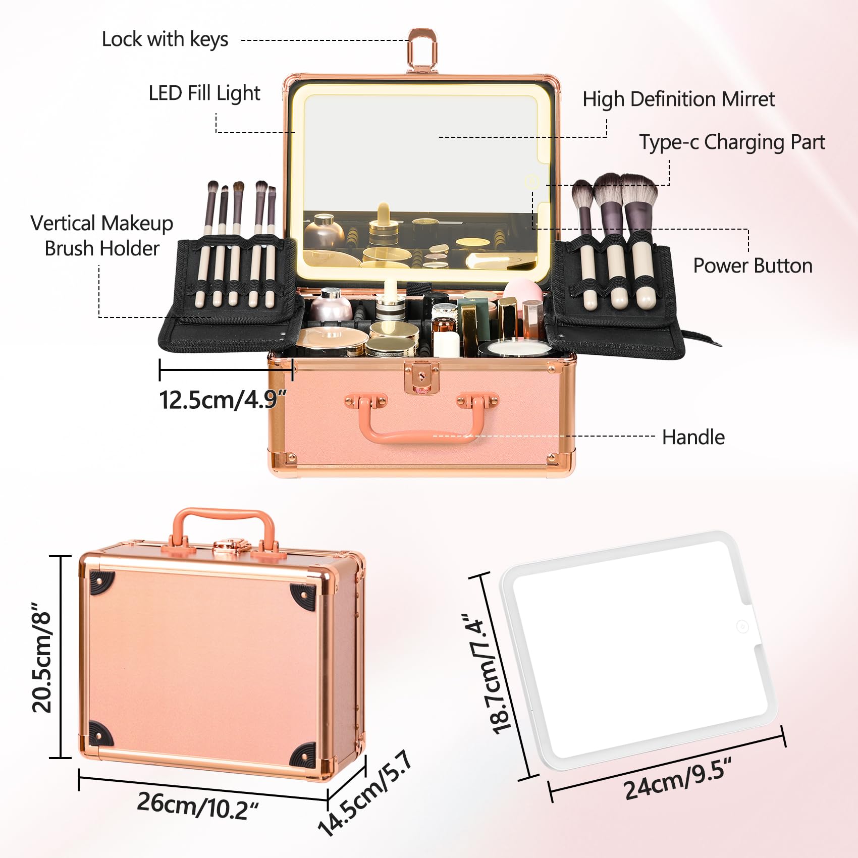 Makeup Case with Detachable LED Mirror and Customizable Storage