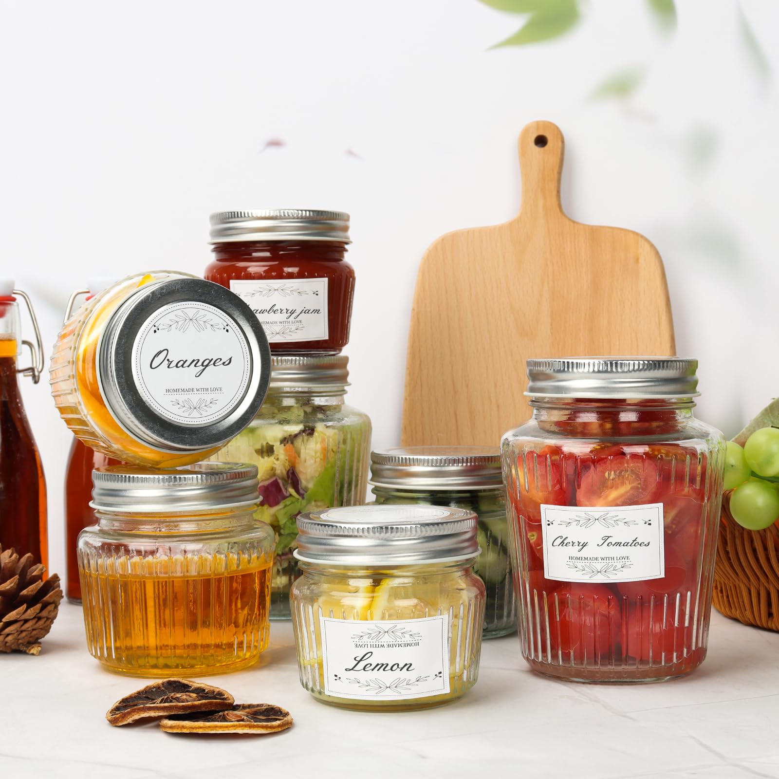 Tarros de vidrio con tapas, tarros de conservas vintage de 8 onzas, tarros de encurtido para gelatina, mermelada, miel, encurtidos, especias, conservador esencial para almacenamiento en el