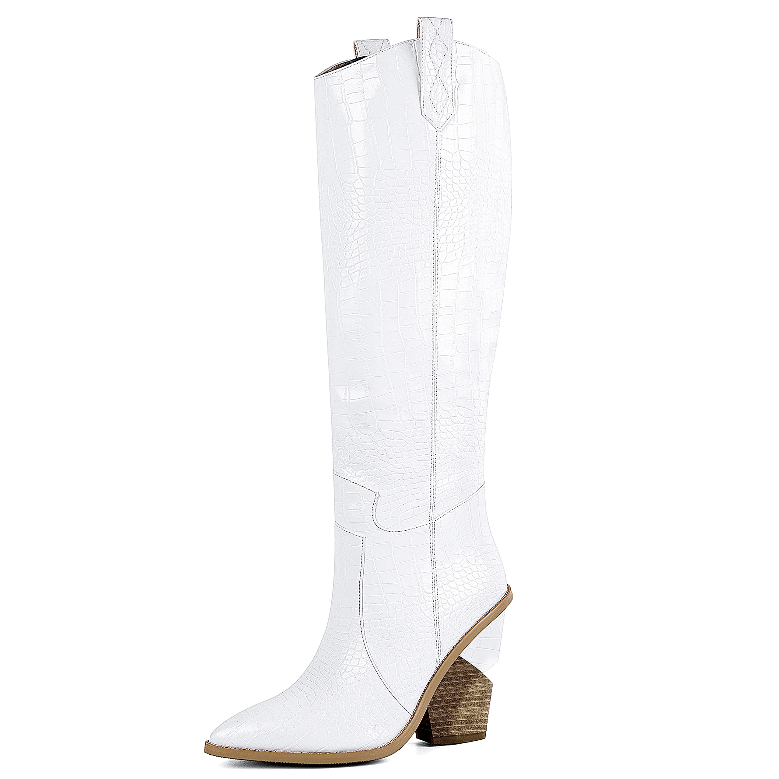 SOPHITINA White Cowgirl Boots Womens Knee High Western White Boots Almond Round Toe Stacked Chunky Heels Thigh High Cowboy Booties With Pull-up Tabs High Heeled Boots