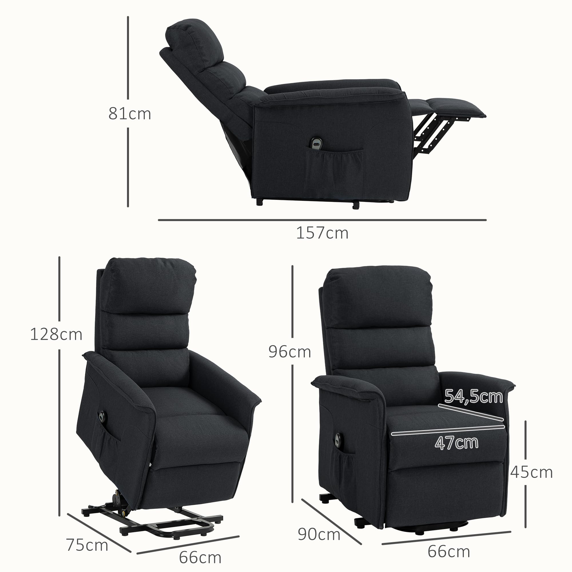 HOMCOM Sillón Relax Reclinable Eléctrico Levanta Personas, Sillón Elevador con Control Remoto, Reposapiés, Tapizado en Lino, Bolsillo Lateral, para Salón, Dormitorio, Negro