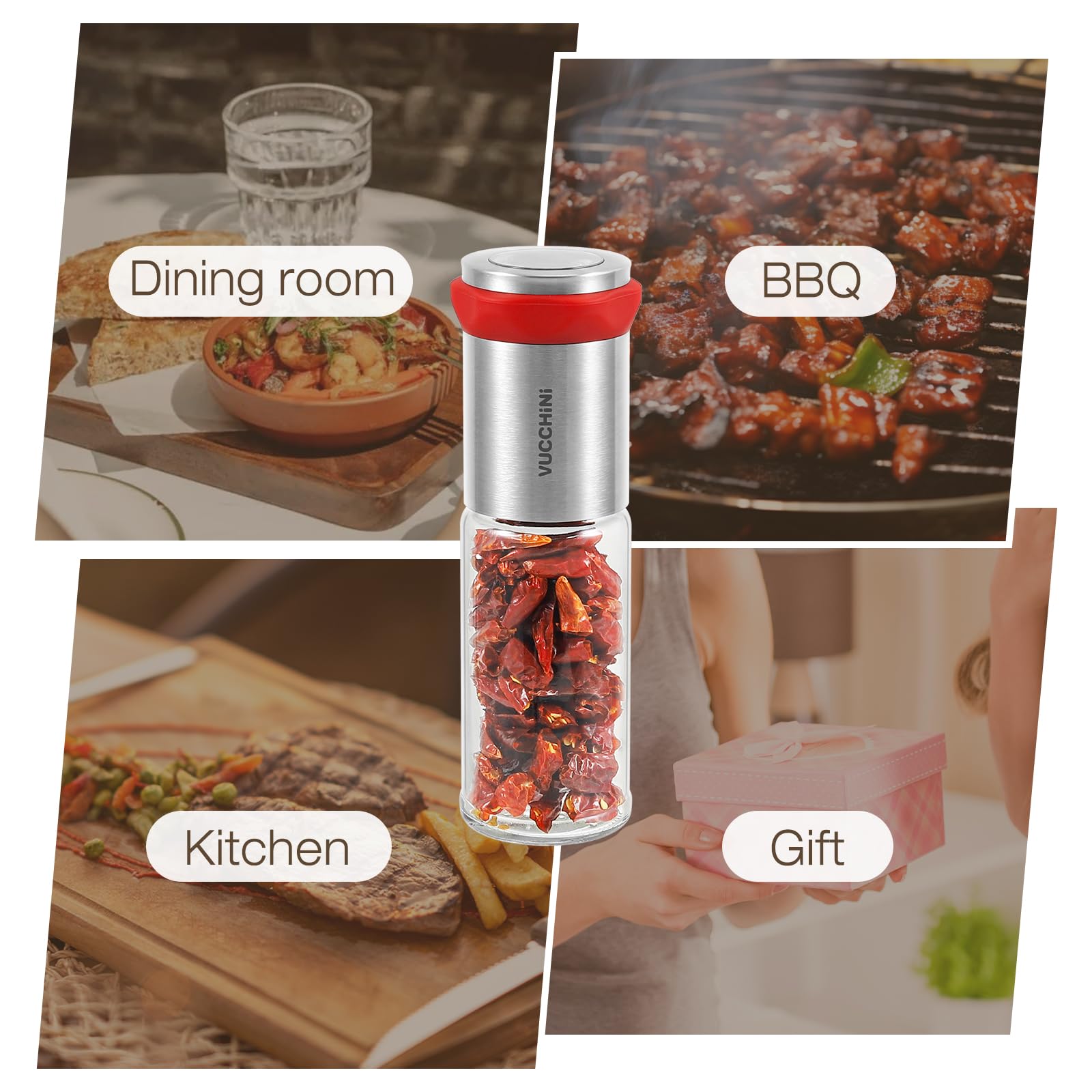 Vucchini Młynek do chili ze stali nierdzewnej i szkła, krajalnica chili do grubych przypraw i suchych chili, młynek do przypraw, młynek do ziół, mechanizm tnący