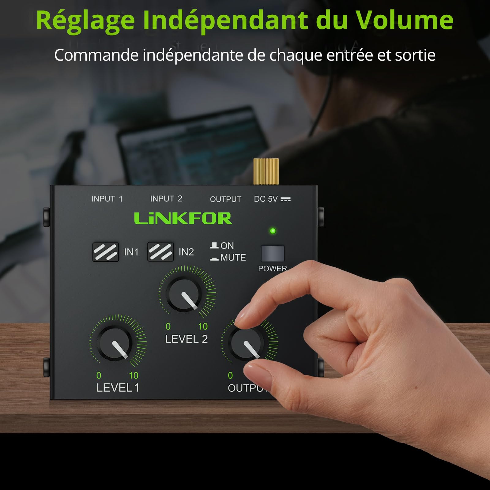 LiNKFOR Mixer Stéréo 3.5mm 2 Canaux avec Préamplificateur Table de Mixage Mini avec Contrôle Volume Doré Câbles et Alimentation Inclus