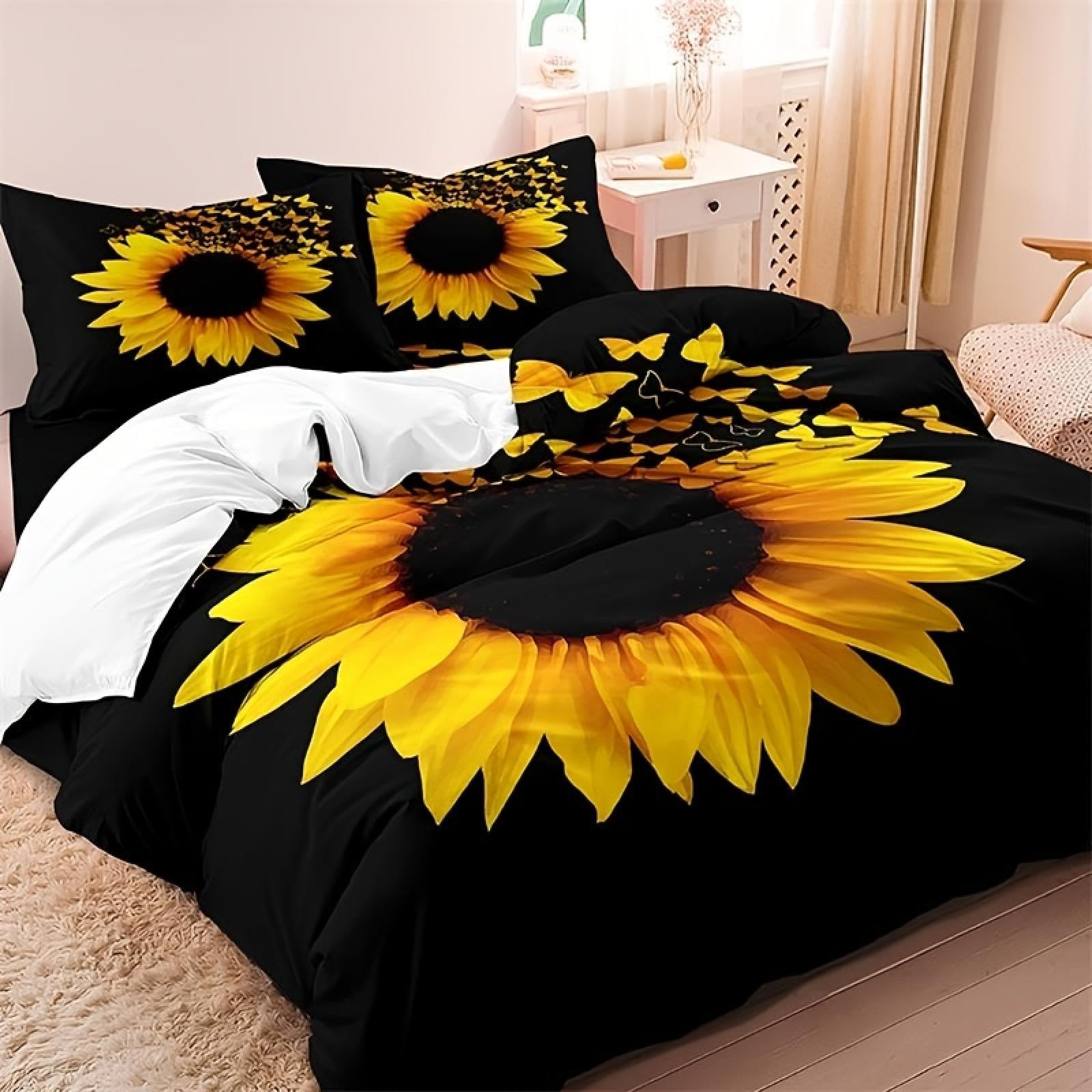 Parure de lit tournesol 240x220cm avec housse de couette zippée et deux taies d'oreiller