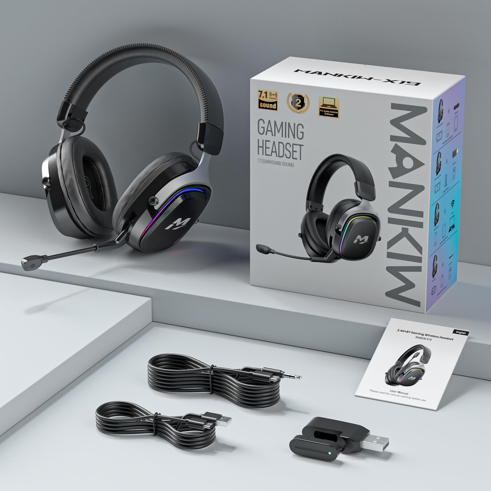 MANKIW Cuffie Gaming Wireless per PS5/PS4/PC/Switch, 2.4G & Bluetooth 6.0, Cuffie Wireless con Surround Sound 7.1, Microfono Noise Cancelling, RGB, Batteria 60+ Ore, Driver da 50 mm