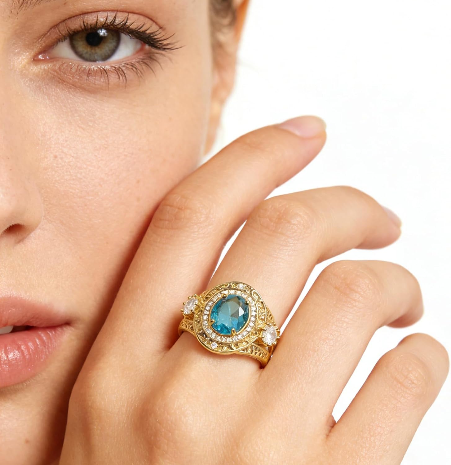 14K Gold Plated 925 Sterling Silver CZ Ring for Women,Vintage Gold Promise Engagement Ring Blue Oval Cut Cubic Zirconia Filigree Halo Rings Bands Jewelry Gift for Her Wedding Anniversary Size:6-10