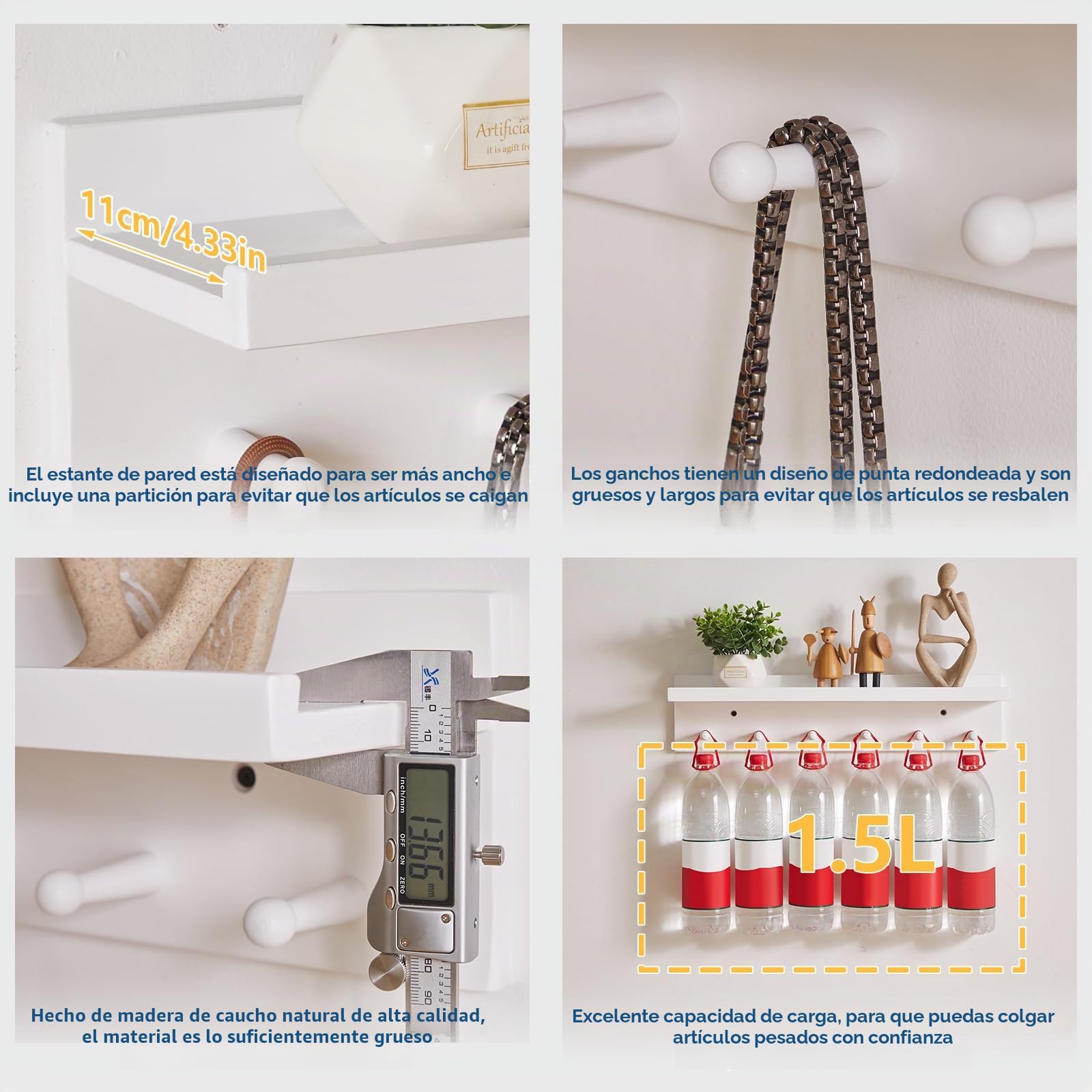 Aibiju Perchero de Madera con Estante Montado en la pared, Estante Colgante de pared de Entrada de 60 cm, para Baño, Cocina, Organizador de Llaves de Toalla Blanco YD-WS0260W