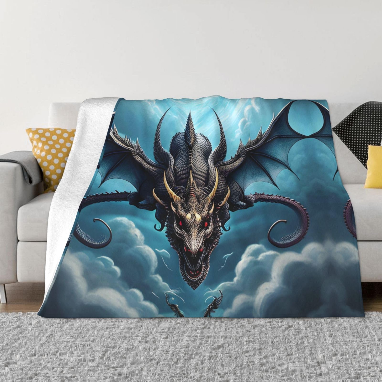 Couverture flanelle dragon volant plaid grand format 203x152 pour lit douillet